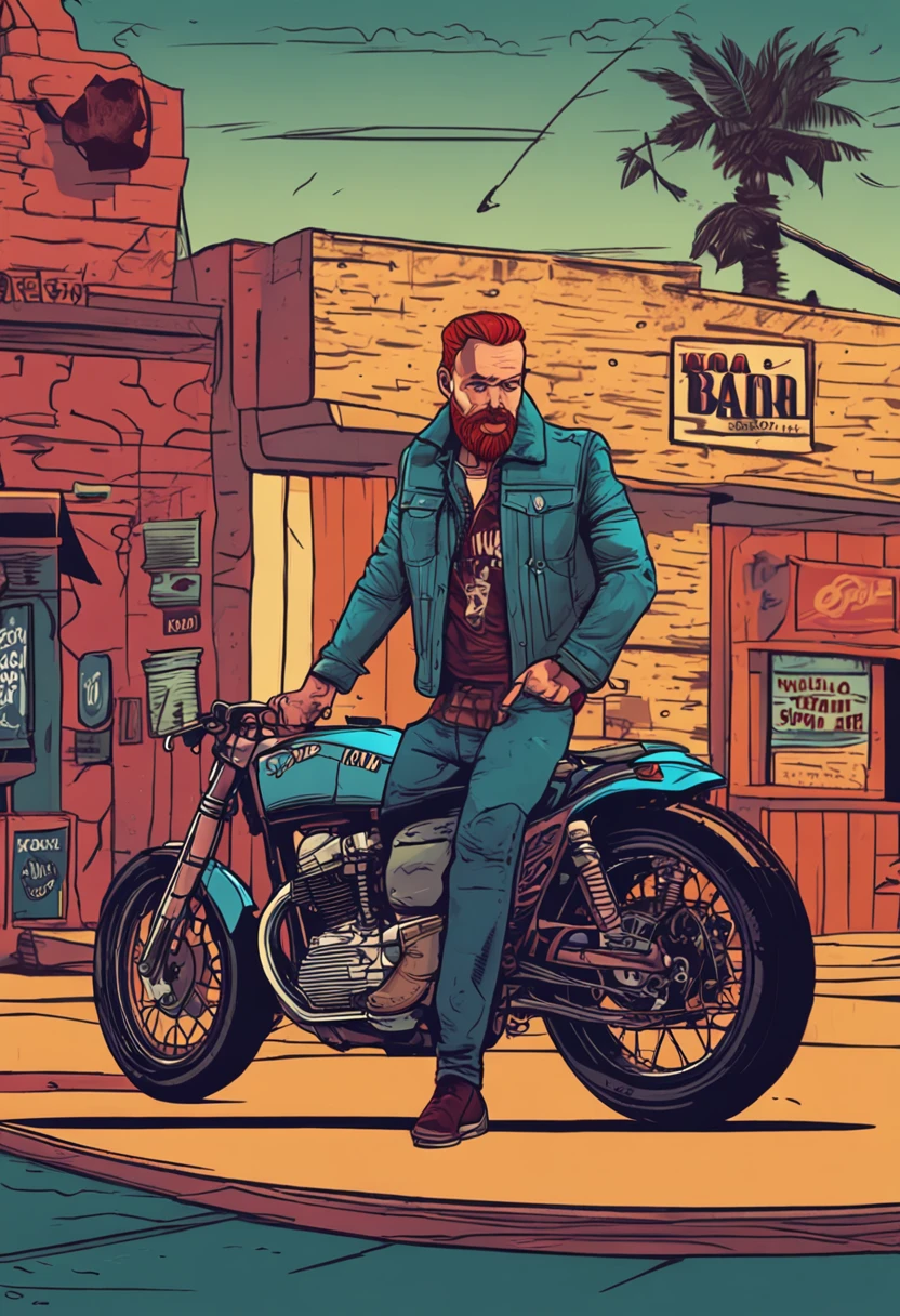 Create an image of a badly faced, redheaded, bald but light-skinned man, with a very strong red beard that contours his jaw, but without mustache, only skirting the chin;. o visual dele e de motociclista, with a ripped jeans and black leather boot. The setting is inside a bar that has a single pool lit by pendant lamp on top of that pool and a small counter on the side of the bar and in the background a sign with the saying "New retro channel". He's ordering a pin up style beer from a waitress. Very realistic photo in high definition 4K HD. Do not put any motorcycle in the photo only the red-haired man inside the bar