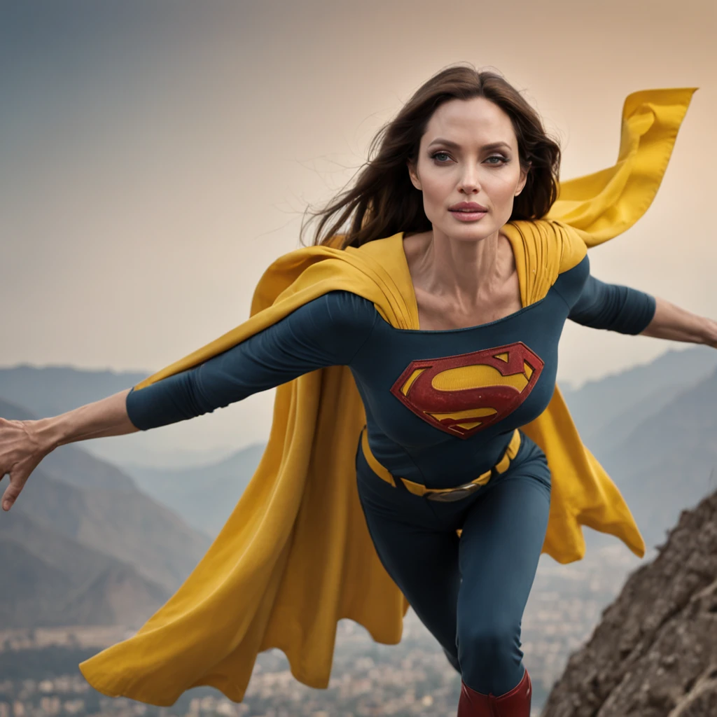 Angelina Jolie wearing yellow iron Superman costume,beautiful lighting, best quality, realistic, full body, flying on the top of mountain real picture, fight scene,highly-detailed, Fujifilm XT3, outdoors, bright day, Beautiful lighting, RAW photo, 8k uhd, film grain,