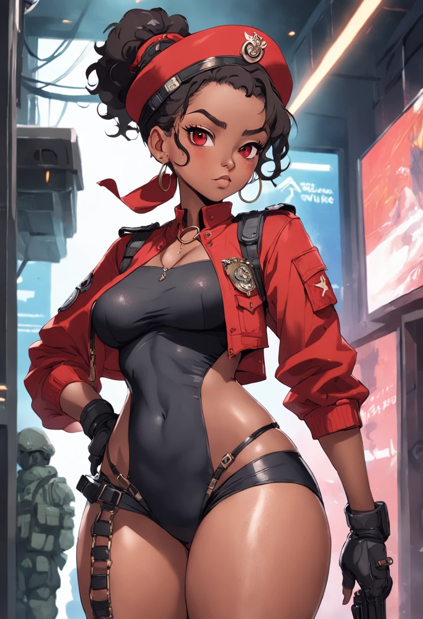 Cartoon-style digital art, pixar and disney features, beautiful black woman, face like model esyonce, bonbon brown skin, slanted asian eyes, curly hair tied back, ponytail hairstyle, wearing red police beret, beret red military, wearing large hoop earrings, necklace with military identification hanging around the neck, full breasts, short red shirt, (showing belly and navel), small waist, tactical belt with several compartments, short shorts with camouflage print, thick thighs and calves , pistol holster attached to thigh, big butt, wearing leather gloves, long-legged tactical boots with high heels, wielding technological weapon of war, clothing with cutouts in cyberpunk style, cyberpunk conceptart-style setting, technological environment, sci-fi .