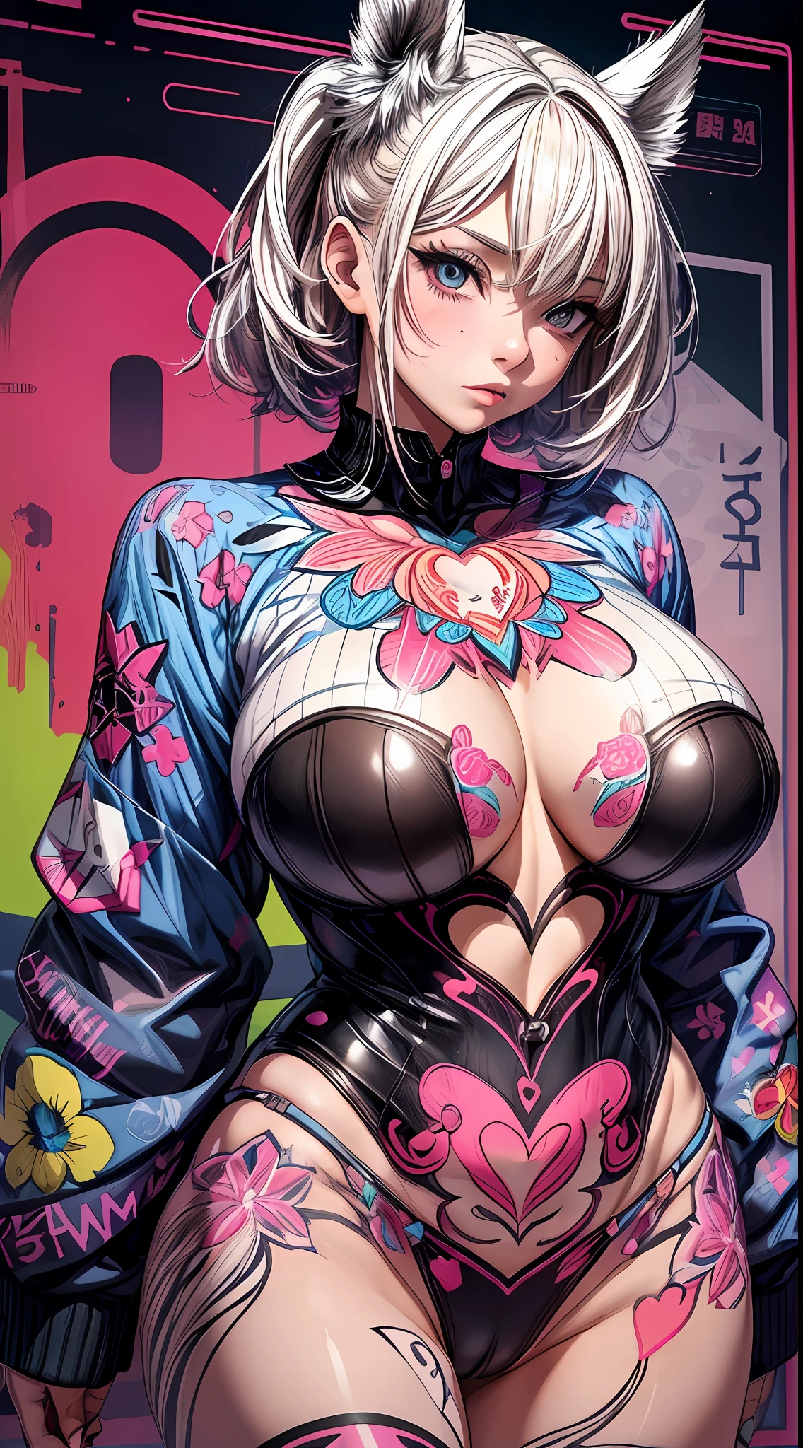 infp young woman, Beautiful big breasts, Front opening shirt, Body painting with pop designs drawn directly all over the body, heart shapes, Pop Art Design, Cutting-edge fashion, Innovative, The center of attention, tokyo prefecture, newyork, Special art design, pubick hair, cameltoe details, -motto, Background of the novel,