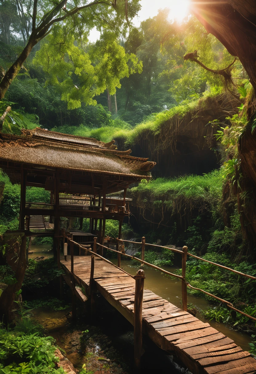 Ancient Thai Palace,Moss cover, Located in the middle of the forest..., Surrounded by streams. The atmosphere is pleasant....,rainbow, Clear sky after rain,strong sunlight,There is a bridge over the stream.