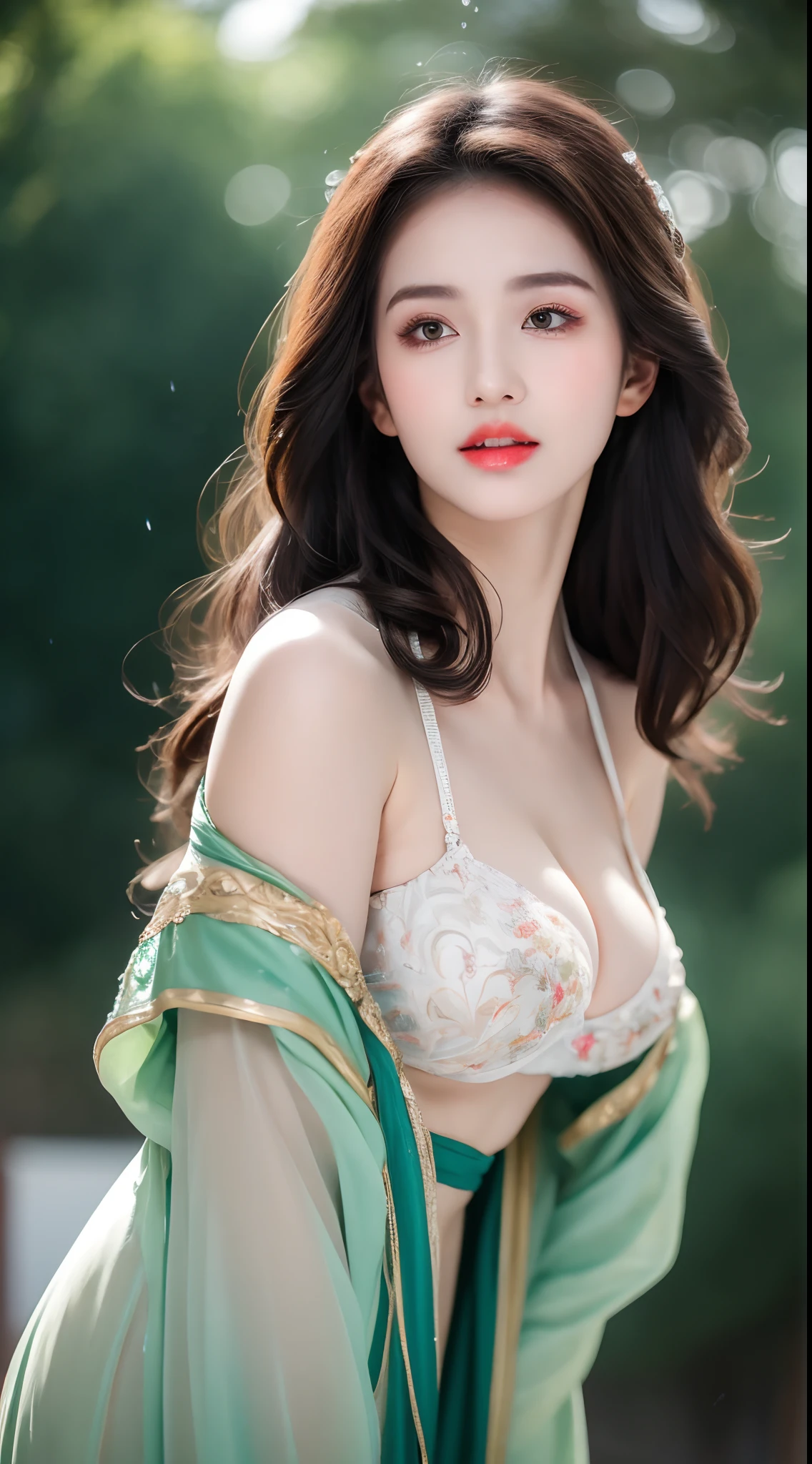 ((Best Quality, 8k, Masterpiece: 1.3)), Focus: 1.2, Perfect Body Beauty: 1.4, Buttocks: 1.2, ((Layered Haircut)), (Wet Clothes: 1.1), (Rain, Street:1.3), (Breasts: 1.2), (Hanfu: 1.2), Bare Shoulders, Bare Legs, Highly Detailed Face and Skin Texture, Fine Eyes, Double Eyelids, Whitened Skin, Long Hair, (Shut Up: 1.5), (Bokeh Background: 1.5), Big Breasts