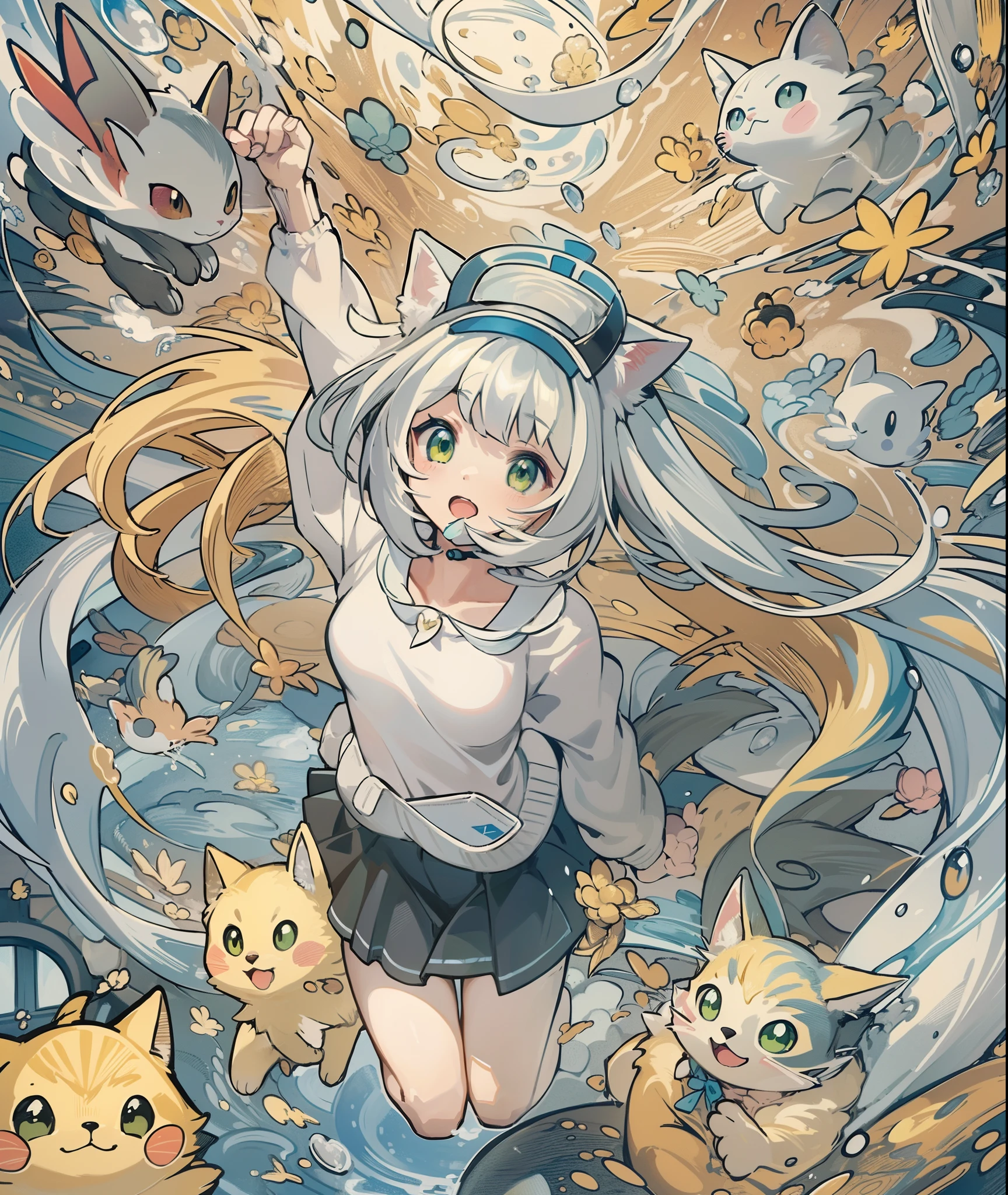 1girl in,There is a cat next to you((Bring a Cat 1.2))、A pokémon_The card,(top-quality), (high_quality), (Convoluted_Details), (ultra-detailliert), (illustratio), (Distinct_image),saito_naoki,fight、White hair((rainbow-colored hair))、Yumekawa