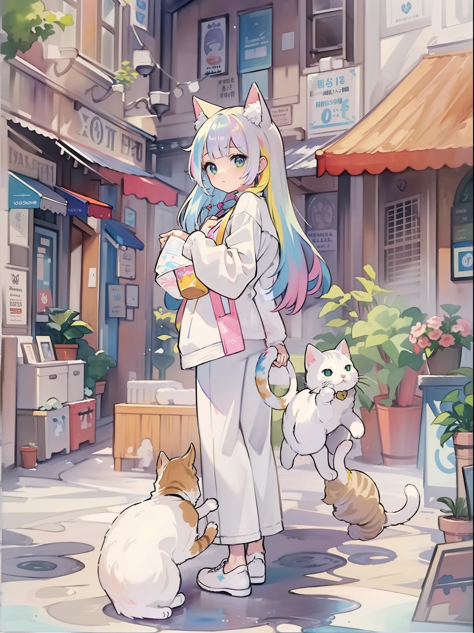 ((Best quality1.2))、((Masterpiece 1.2))、watercolor paiting、((Fashionable clothes))、((Take a cute cat 1.5))、white colors((rainbow-colored hair))、Back alley