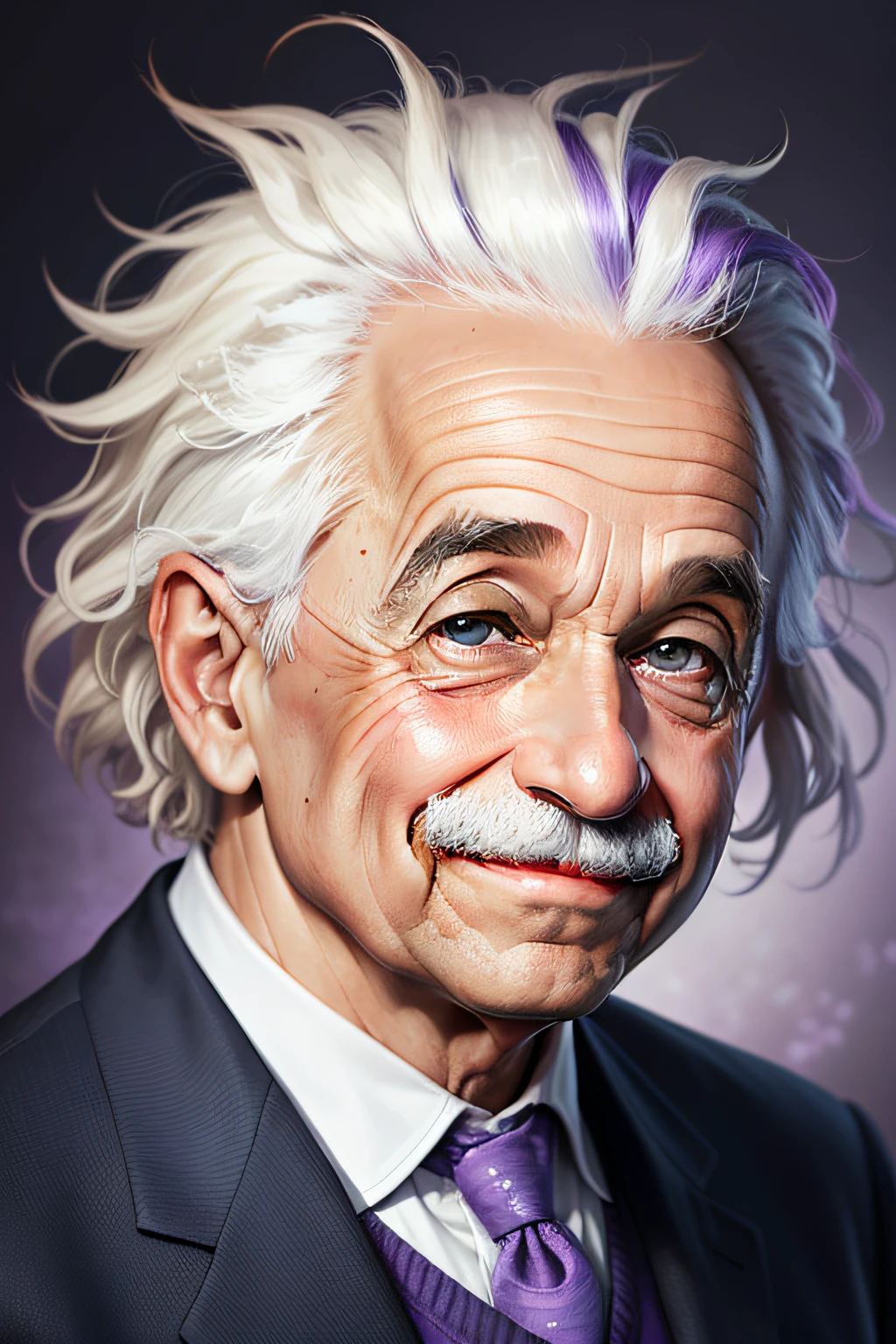Ultra-realistic portrait of Albert Einstein smiling and making a face, background with blue and purple hues.