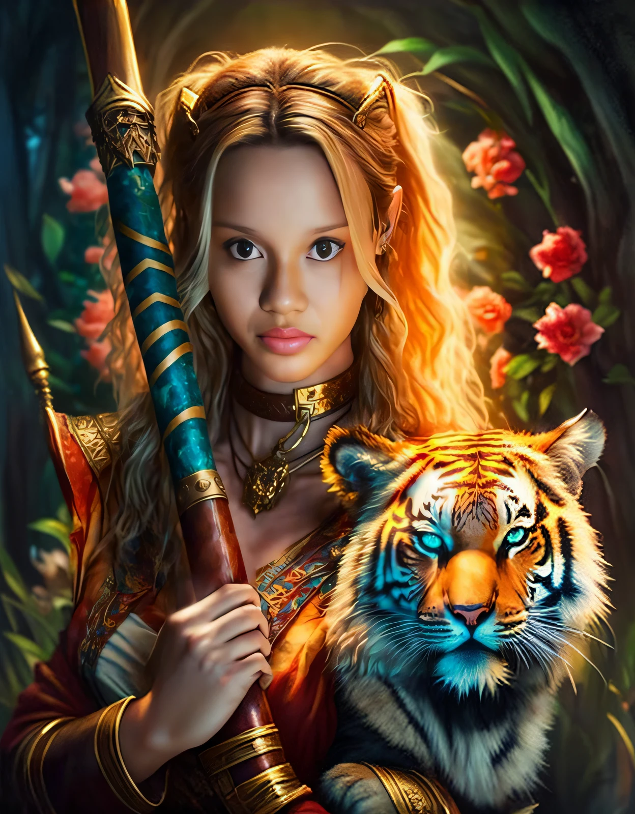 a woman holding a tiger and a staff in her hands, pintura de fantasia realista, epic fantasy HD art style, inspirado em Kerembeyit, Graphic artist Magali Villeneuve, inspirado em Magali Villeneuve, epic fantasy art portrait, retrato da arte da fantasia, arte digital de fantasia detalhada, por Kerembeyit, Epic fantasy art style, arte do retrato da fantasia