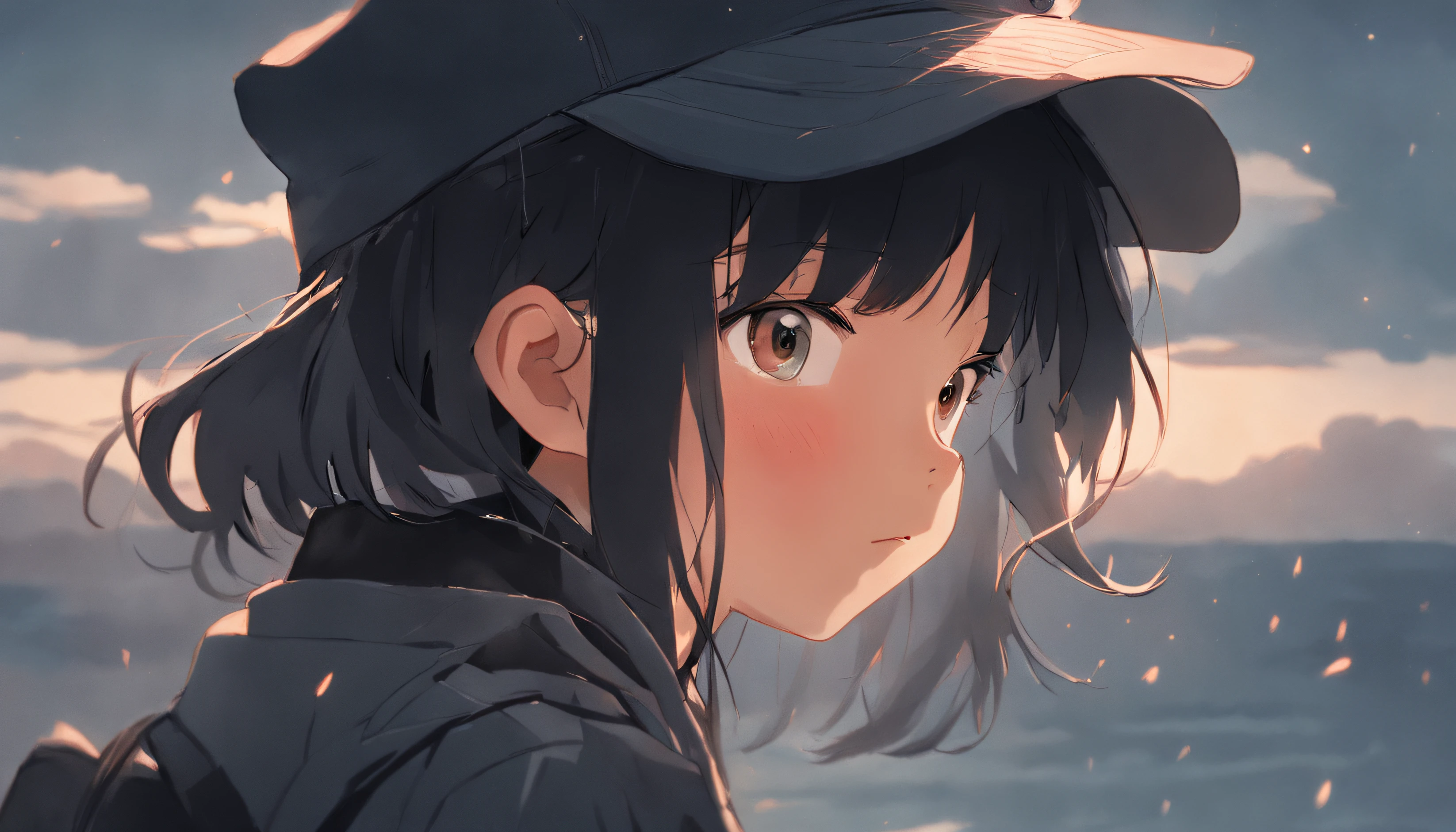 This intimate portrait captures the essence of a young girl with black hair. Her short-brimmed black fishing hat and jeans reflect a casual yet stylish demeanor. Glasses perched on her nose hint at her curiosity and intellect. Her face, caught in a moment of contemplation, reveals her inquisitive nature. Carrying a black backpack with a touch of cuteness, she stands with her hands behind her back, exuding a sense of introspection and calm confidence. Rendered with intricate detail, this portrayal conveys the depth of her character and the aura of quiet contemplation.