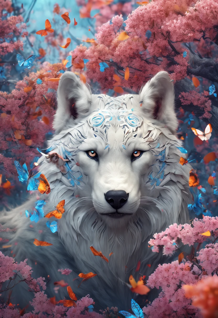 A hybrid of a large wolf and a tiger、war cry、Many petals flutter, Fantasy, Intricate details, Spring steppe, Dreamy,