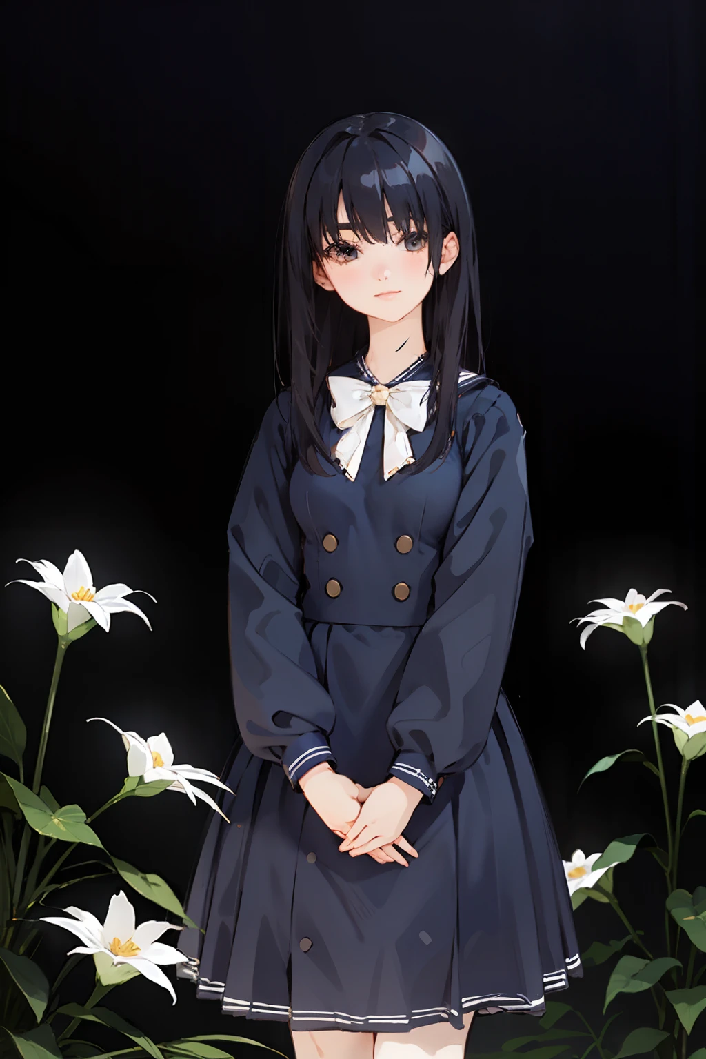 masterpiece, best quality, 1girl, nogizaka_costume, cowboy shot, thighs, beautiful girl, flowers, many small petals, garden, blue sky, looking at viewer, small waist, official art, raw photo, incredibly absurdres, facelight, dynamic lighting, cinematic lighting, ultra realistic, highres, photography, sharp focus, highest detailed, extreme detailed, ultra detailed, finely detail, extremely detailed eyes and face