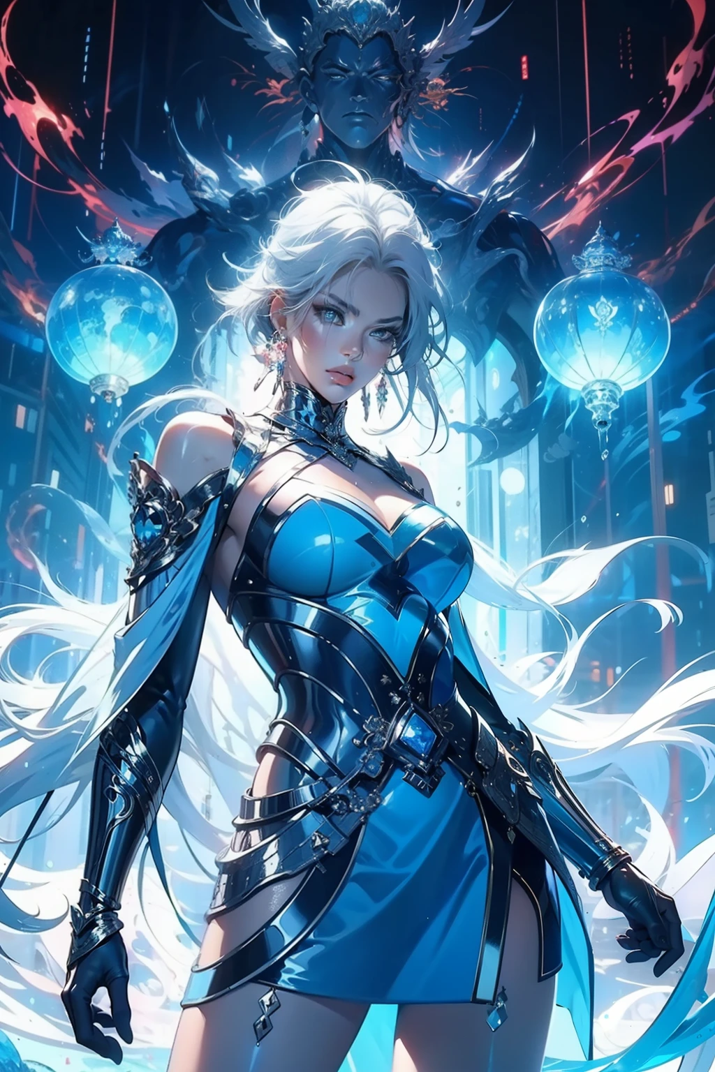 jade sword,A woman of outstanding figure,Wear a nice miniskirt,Leaking out of both shoulders,jewely,Amazing work,Vitreous luster,clean backdrop,High gloss,blue colors,In pink,cyan colors,red colour