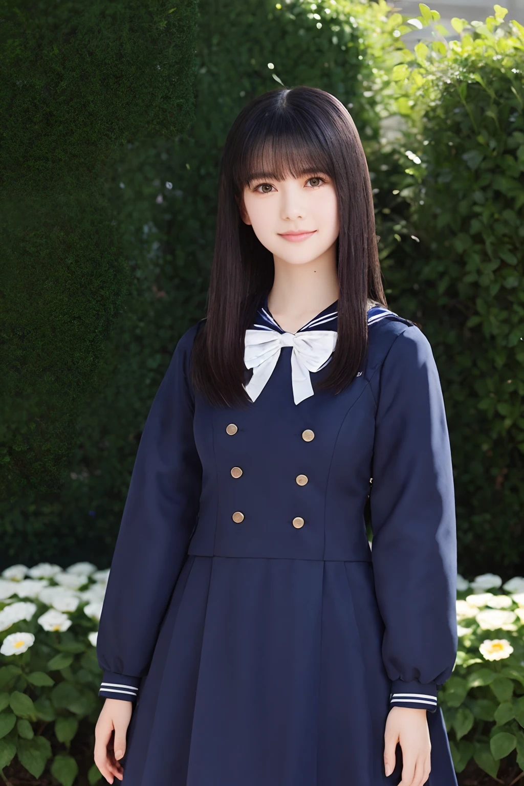 masterpiece, best quality, 1girl, nogizaka_costume, cowboy shot, thighs, beautiful girl, flowers, many small petals, garden, blue sky, looking at viewer, small waist, official art, raw photo, incredibly absurdres, facelight, dynamic lighting, cinematic lighting, ultra realistic, highres, photography, sharp focus, highest detailed, extreme detailed, ultra detailed, finely detail, extremely detailed eyes and face
