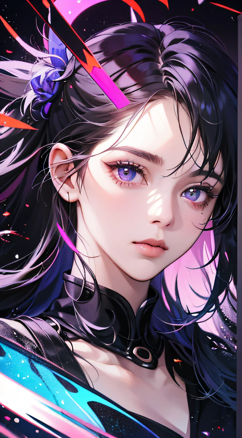 (tmasterpiece,best qualtiy,Hyper-detailing,Best shadow),(detailedbackground,dark fantacy),(beautifull detailed face),hight contrast,(best illuminate,Extremely refined and beautiful),((cinematric light)),vibrant with colors,Hyper-detailing,Dramaticlight,complexdetails,(1girll,独奏,whaite hair,sharpy face,Purple eye,hair between eye,dynamic angle),blood spatter,swirling black light around character,depth of fields,Black light particles,(brokenglass)、Magical Circle、Think to the left