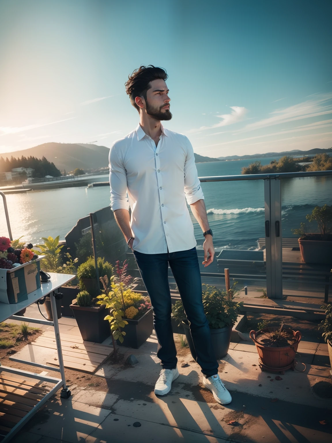 Arafed man standing on a balcony overlooking a body of water - SeaArt AI