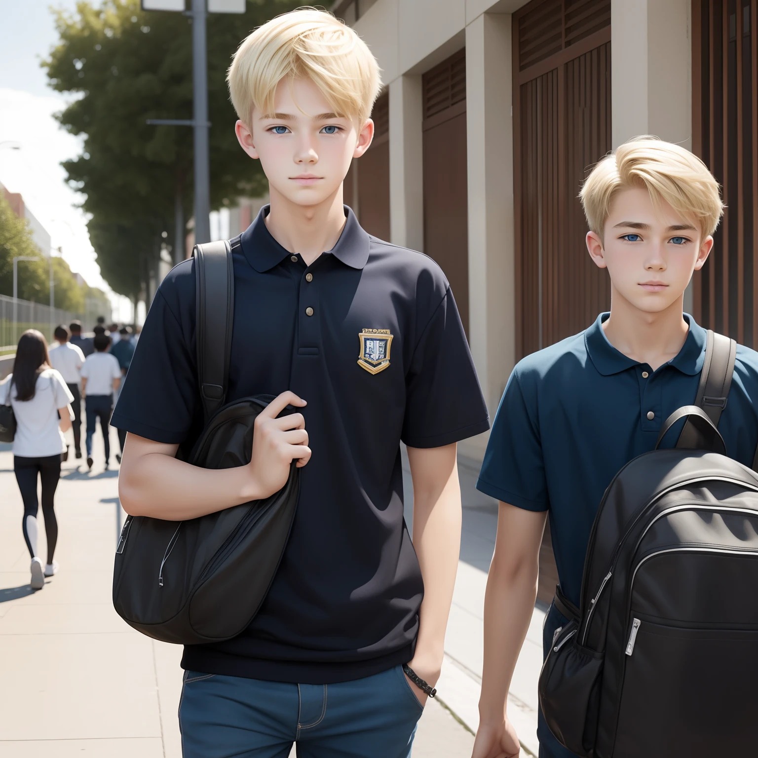 17 year old boy blonde in front of school