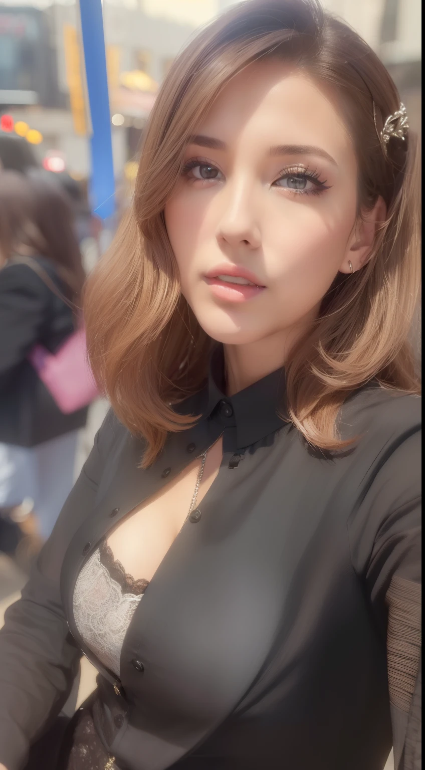 ((Best quality, 8k, Masterpiece :1.3)), Sharp focus :1.2, A pretty woman with perfect figure :1.4, Slender abs :1.2, ((Dark brown hair, Big breasts :1.2)), (White button up long shirt :1.1), City street:1.2, Highly detailed face and skin texture, Detailed eyes, Double eyelid