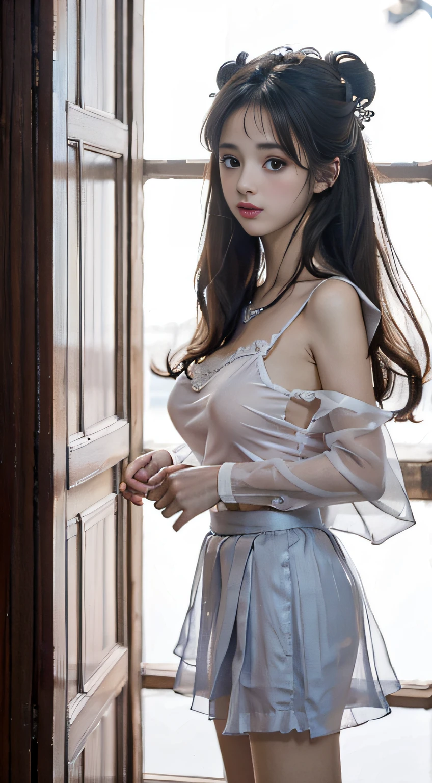 Master quality, highest quality, best picture quality, exaggerated details, a princess cute 8 yeal old, she is maturbate,(long hair / very, very exaggerated big breasts, big tits, in/open v hanfu transparent fabric, short skirt), in xiaxia hanfu lace silk )