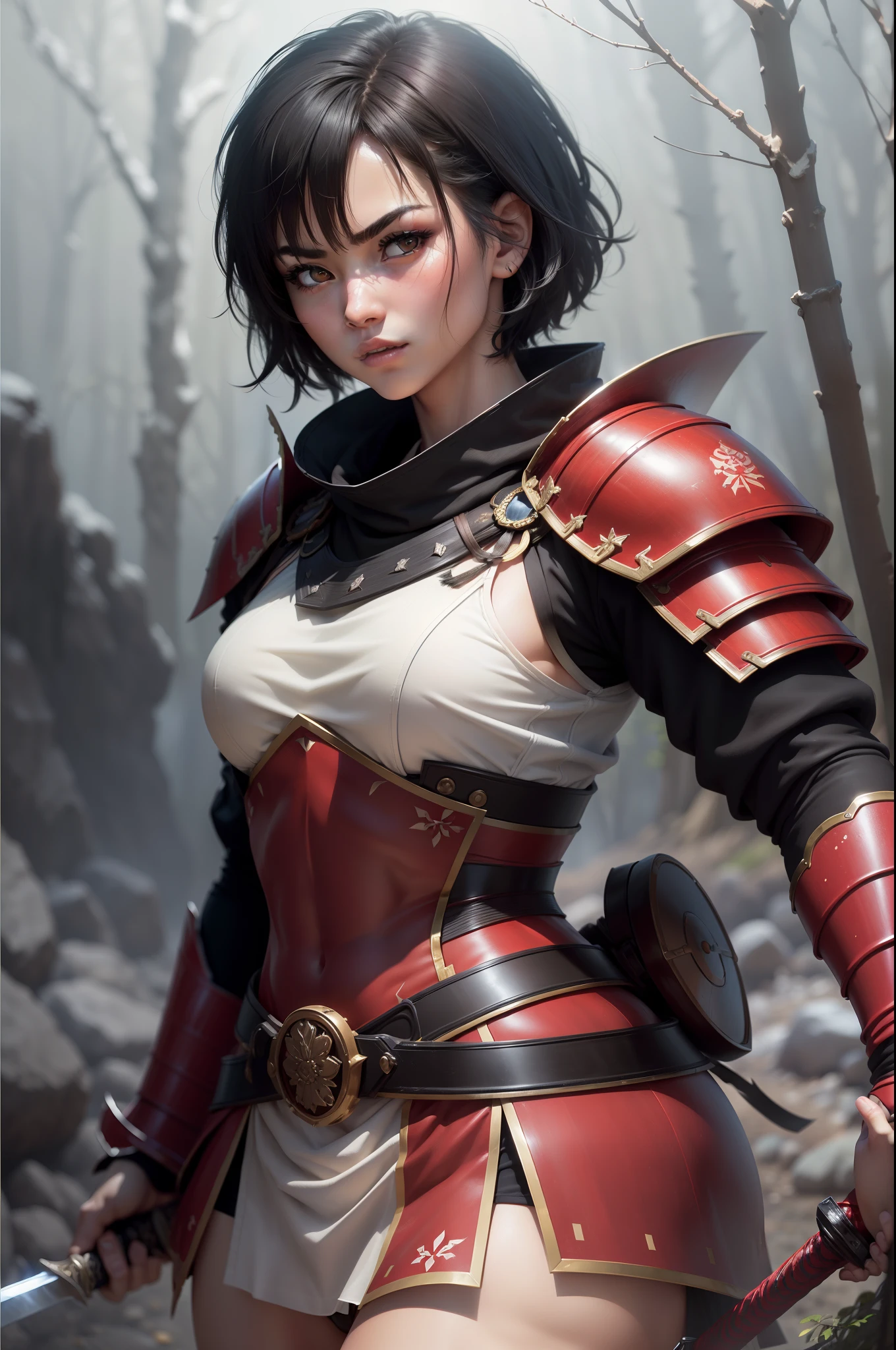 (8K,Photorealsitic　Raw photography　top-quality;1.4) 　(1girl in)　Super beauty　(Lifelike face)　Muscular and macho female body　(short black hair)　Hold the sword correctly　Black and red Japan samurai armor　Beautiful expression　glareing　(real looking skin)　(Warrior)　enticing　超A high resolution　A hyper-realistic　high detal　fully body photo　Rocky wilderness　Dull glowing sword