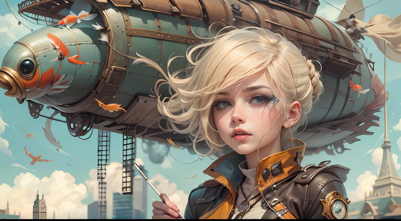 graphic novel illustration, koi fish airship is steampunk with clockpunk, smoke, upper sky flying, (girl is holding koi-fish-printflag:1.2), milky messy blond hair, open leather fur jacket, 100 years into the future cityscape background in detailed, tonal contrast, photo painting, digital colored, (intricately detailed texture:1.2), (insanely detailed detail:1.1), extremely detailed, professional art work, 16K, ultra quality, best quality, highest quality,