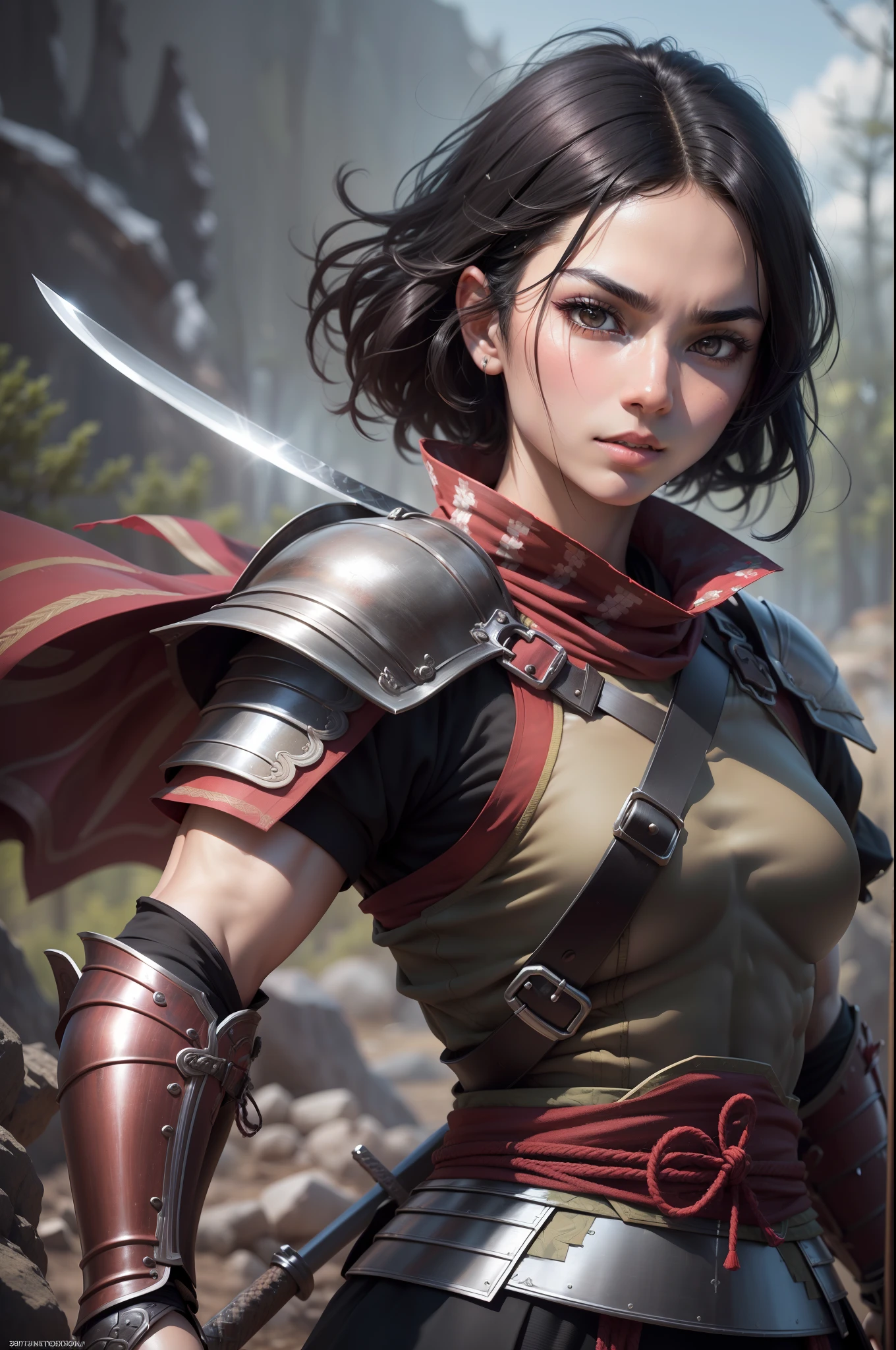 (8K,Photorealsitic　Raw photography　top-quality;1.4) 　(1girl in)　Super beauty　(Lifelike face)　Muscular and macho female body　(short black hair)　Hold the sword correctly　Black and red Japan samurai armor　Beautiful expression　glareing　(real looking skin)　(Warrior)　enticing　超A high resolution　A hyper-realistic　high detal　fully body photo　Rocky wilderness　Dull glowing sword