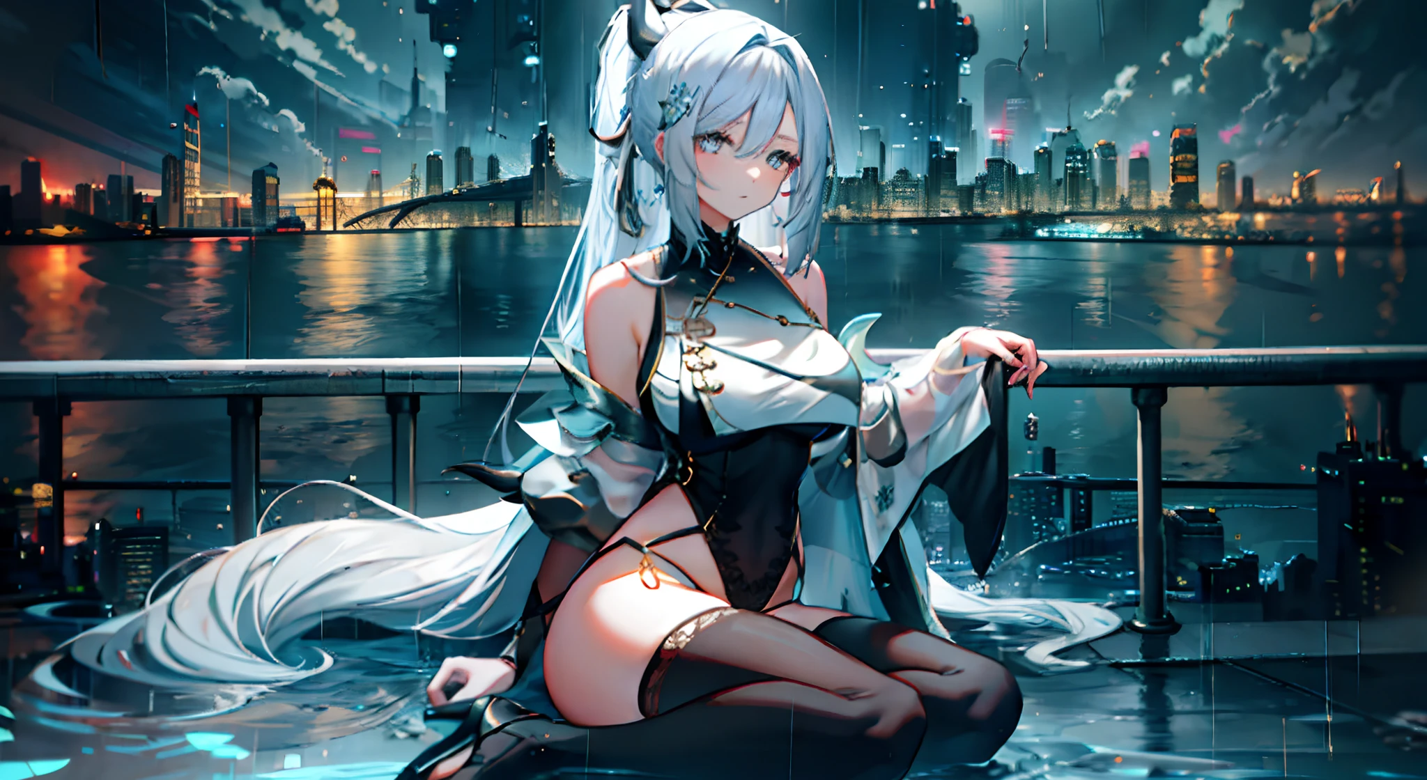 heavy rain，Gorgeous high heels，Under water，grabbing the ，Official fine art，tmasterpiece，，Nice high ponytail hairstyle，Delicate and beautiful eyes and face，realisticlying，ultra - detailed，a beauty girl，blue-sky，scenecy,Long straight hair, sexy fal expression, buliding, (Cityscape:1.7), Dynamic hair, , , paleskin, hair adornments, epic landscapes,deep in the night，Masterpiece, Best quality,Bare shoulders, white thighhighs, Hair ribbon, Large breasts,blg socks