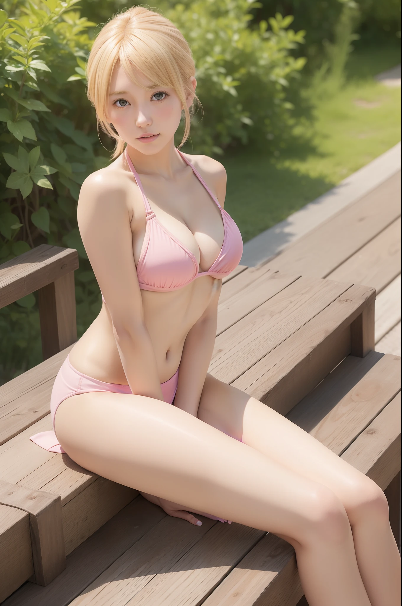 blond woman in a pink bikini top and denim shorts leaning on a wooden bench, photorealistic anime girl render, cutesexyrobutts, hot and sunny, sexy pose, highly detailed giantess shot, hot with shining sun, anime girl in real life, sexy girl wearing shorts, photorealistic perfect body, trending on cgstation, in the sun, highly realistic photo