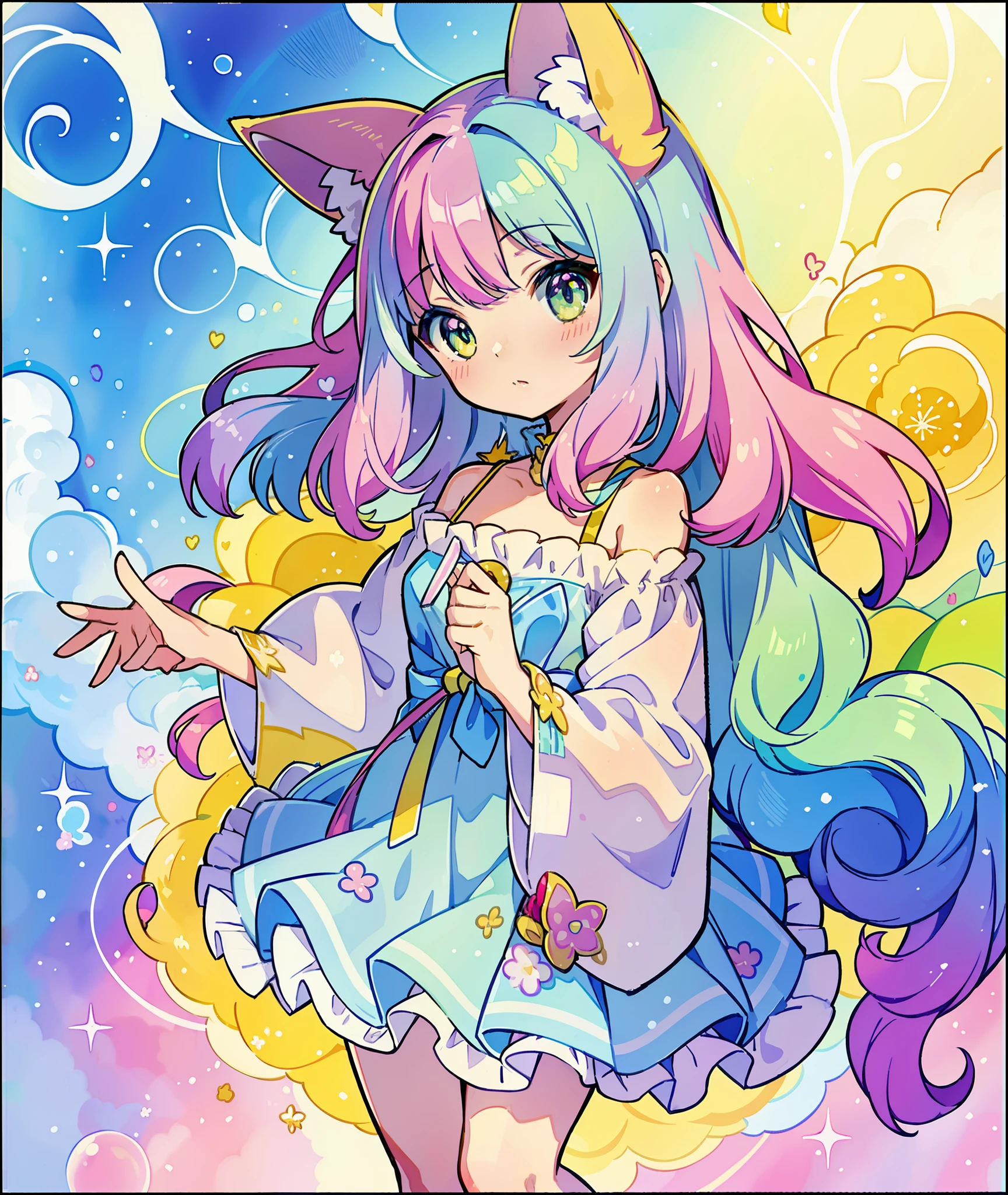 Yumekawa 、Cute as a dream、a pale、Moya、(​masterpiece、top-quality、top-quality、watercolor paiting(Curly)、Take a cute cat、Official art、Beautifully Aesthetic:1.2)、(a beauty girl:1.3)、patterns、(rainbow-colored hair、colourful hair:1.2)、Soap bubbles、Rainbow behind、​​clouds、colourfull、Soap bubbles、Hair spreads throughout、kawaii、pastels、Large ribbon、Lovely room、Rainbow Cat Plush Toy