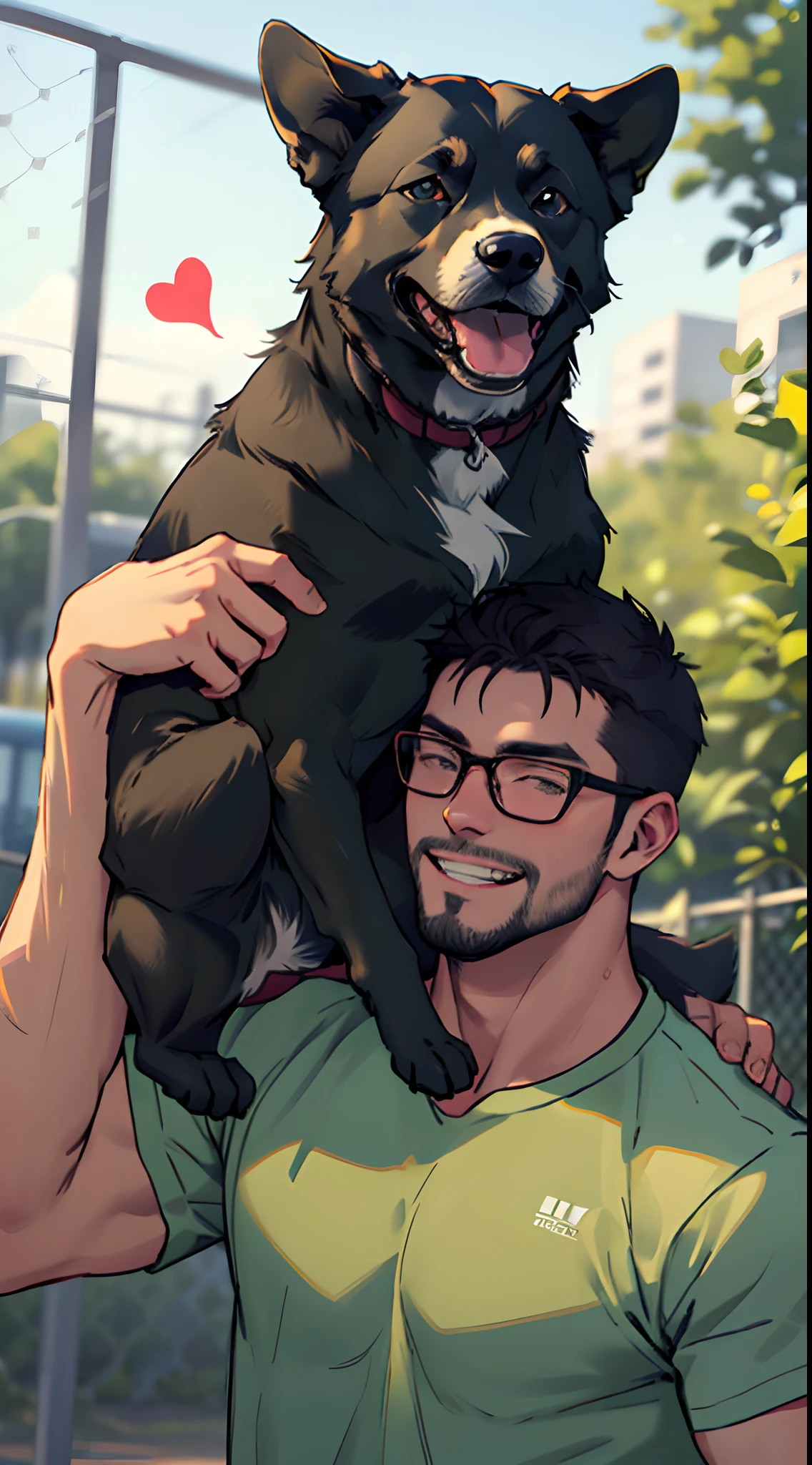 a man with a beard and a German Sheppard dog, the man wearing glasses, green T shirt, in a dog's park, the man carrying and hugging the dog, the high well detailed, face focus, happy smile, happy dog, heart-warming, seen from the si