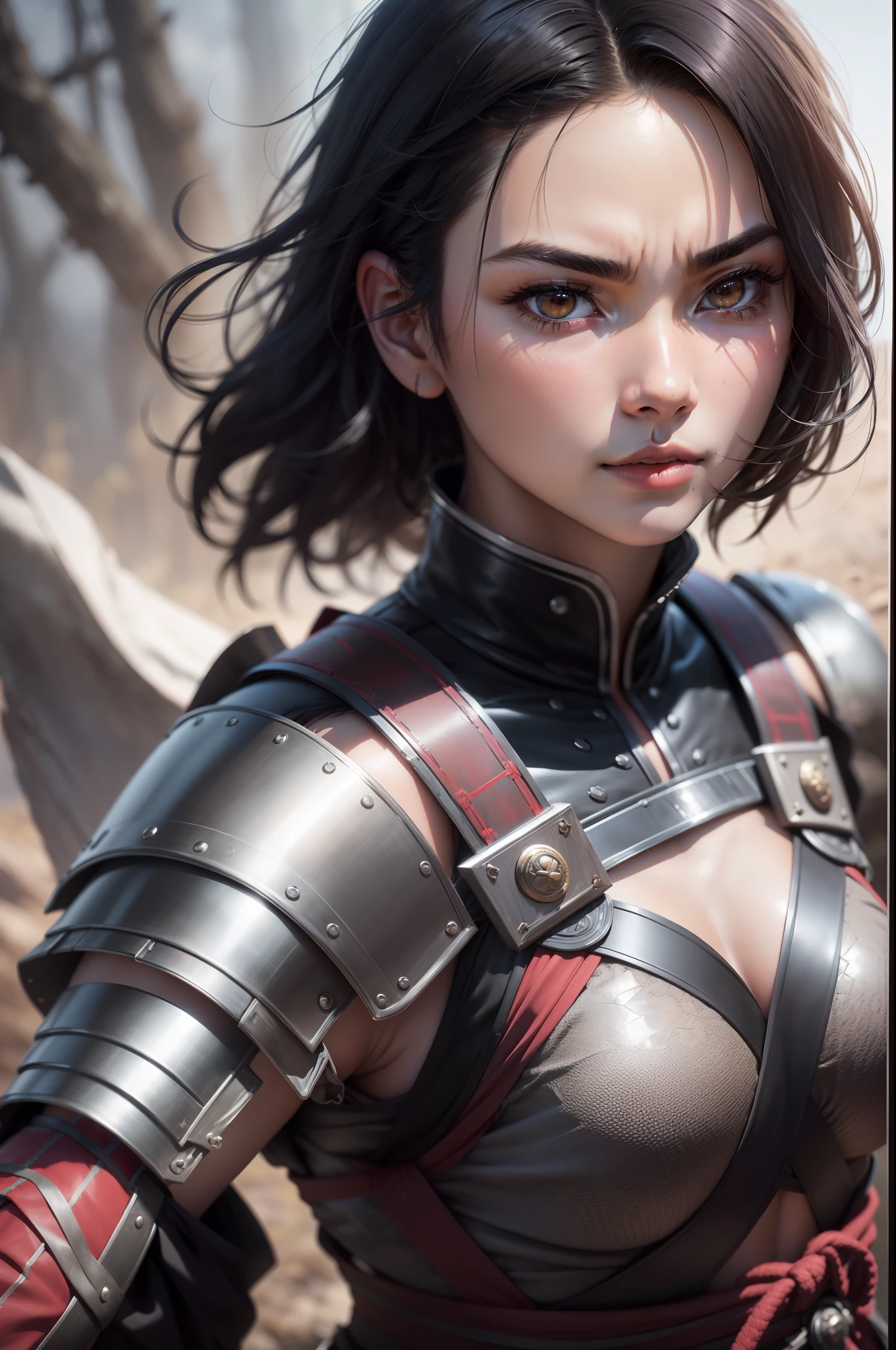 (8K,Photorealsitic Raw photography top-quality;1.4) (1girl in) Super beauty (Lifelike face) Muscular and macho female body (short black hair) Hold the sword correctly Black and red Japan samurai armor Beautiful expression glareing (real looking skin) (Warrior) enticing 超A high resolution A hyper-realistic high detal fully body photo Rocky wilderness Dull glowing sword