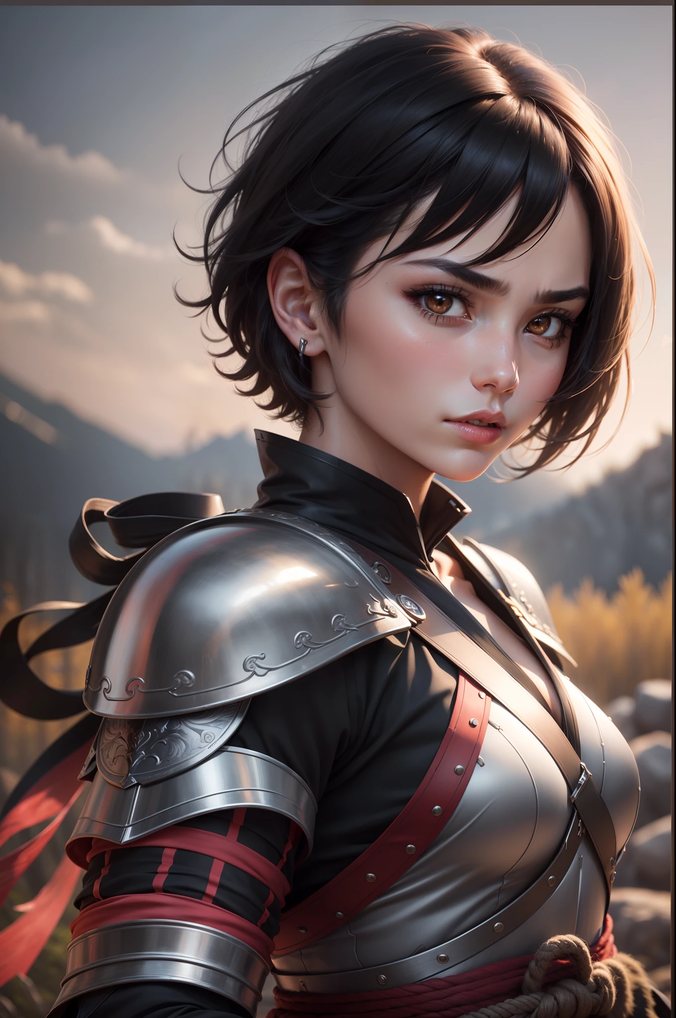 (8K,Photorealsitic Raw photography top-quality;1.4) (1girl in) Super beauty (Lifelike face) Muscular and macho female body (short black hair) Hold the sword correctly Black and red Japan samurai armor Beautiful expression glareing (real looking skin) (Warrior) enticing 超A high resolution A hyper-realistic high detal fully body photo Rocky wilderness Dull glowing sword