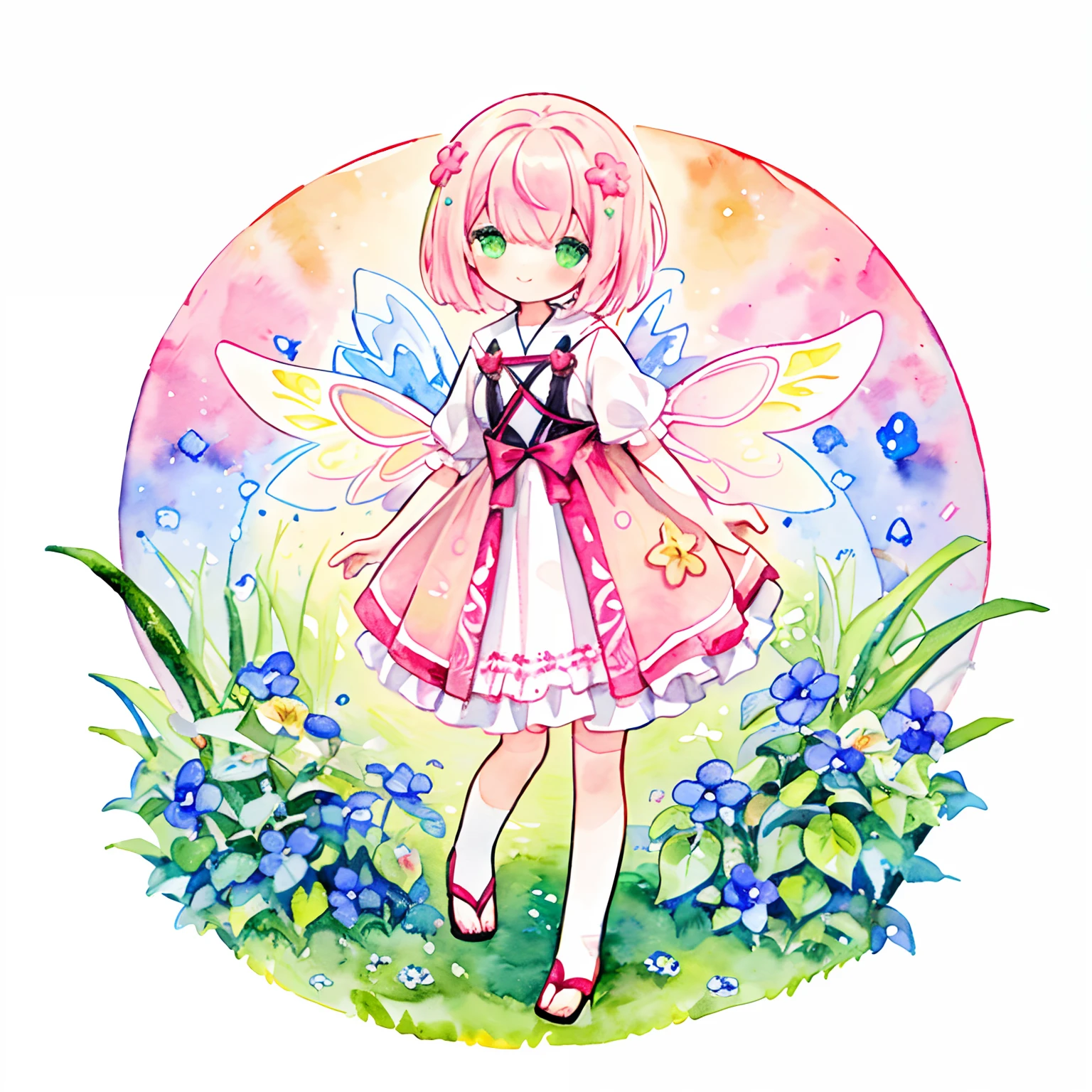 (PastelColors:1.5)、(Cute illustration:1.5)、(watercolor paiting:1.2)、Yellow-green background、girl with、full body Esbian、A smile、short-cut、Morning glory hair ornament、wave her hand、Pale yellow-green throughout、Moya、marble、colourfull、Morning glory、（Morning glory fairy）、faerie、Viola、Purple-red、Green grass、pink there、blanche、vine、zori、kirakira、Particles of light、Circle
