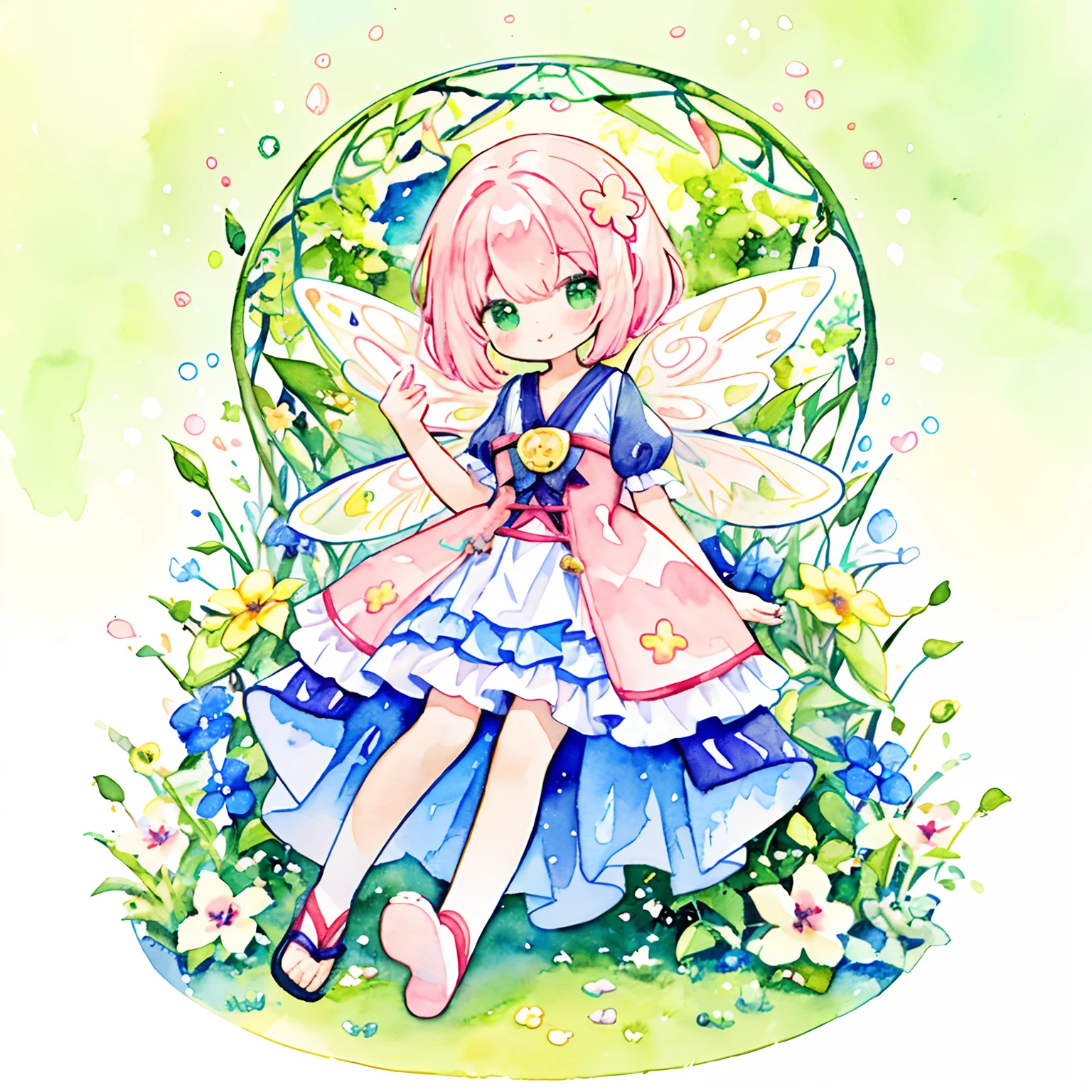 (PastelColors:1.5)、(Cute illustration:1.5)、(watercolor paiting:1.2)、Yellow-green background、girl with、full body Esbian、A smile、short-cut、Morning glory hair ornament、wave her hand、Pale yellow-green throughout、Moya、marble、colourfull、Morning glory、(Morning glory fairy)、faerie、Viola、Purple-red、Green grass、pink there、blanche、vine、zori、kirakira、Particles of light、Circle