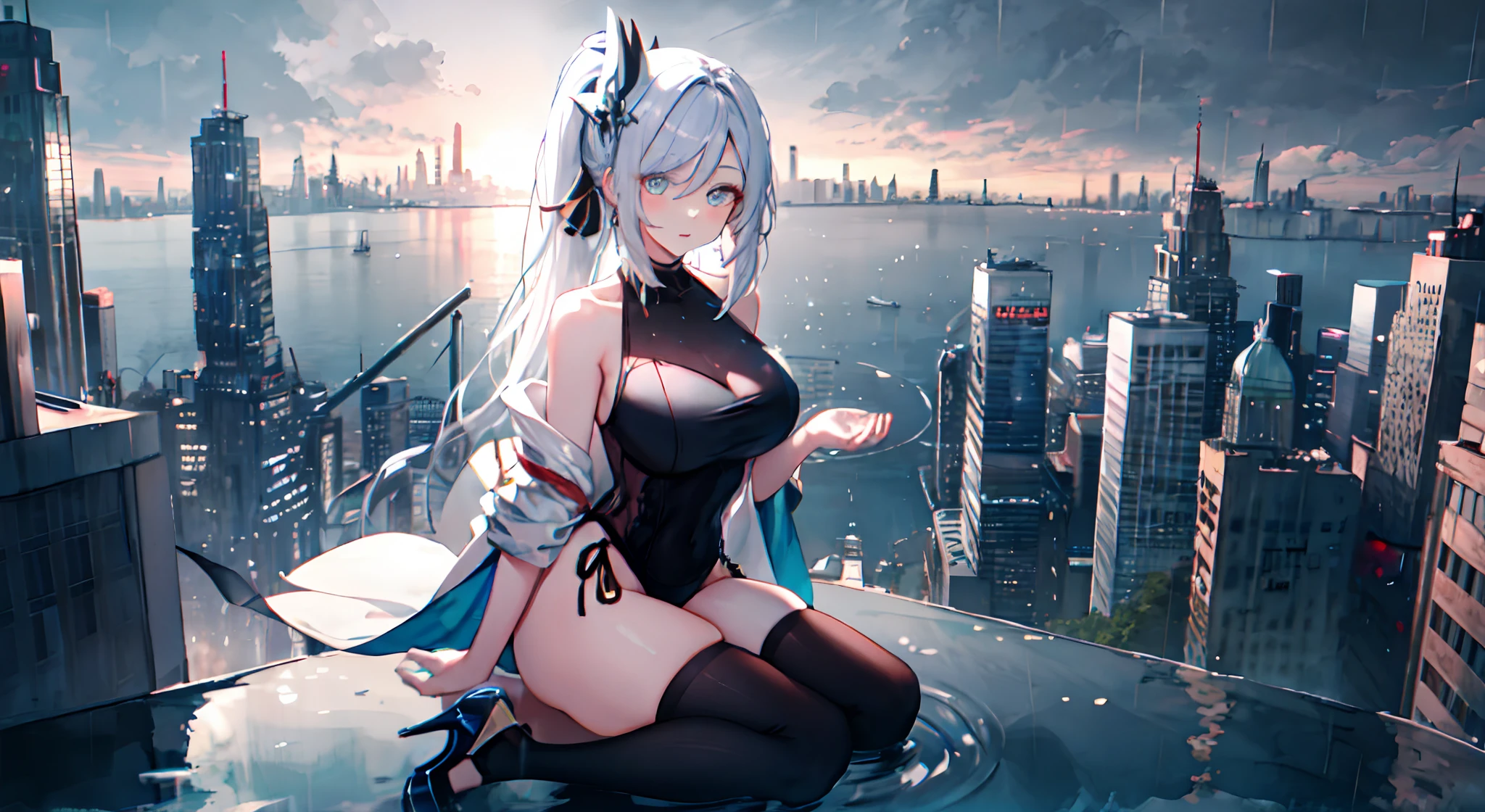 heavy rain,Gorgeous high heels,Under water,grabbing the breasts,Official fine art,tmasterpiece,,Nice high ponytail hairstyle,Delicate and beautiful eyes and face,realisticlying,ultra - detailed,a beauty girl,blue-sky,scenecy,Long straight hair, sexy facial expression, buliding, (Cityscape:1.7), Dynamic hair, , , paleskin, hair adornments, epic landscapes,deep in the night,Masterpiece, Best quality,Bare shoulders, white thighhighs, Hair ribbon, Large breasts,black long socks