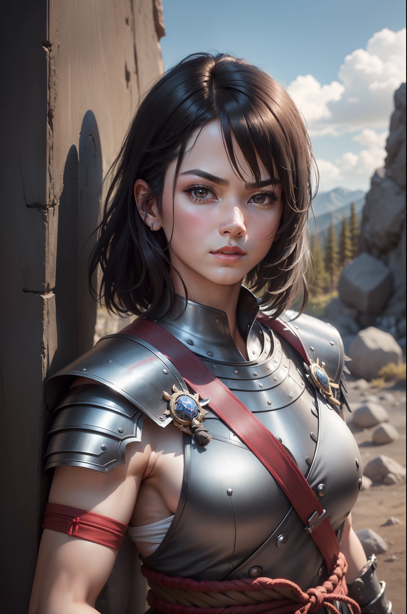 (8K,Photorealsitic Raw photography top-quality;1.4) (1girl in) Super beauty (Lifelike face) Muscular and macho female body (short black hair) Hold the sword correctly Black and red Japan samurai armor Beautiful expression glareing (real looking skin) (Warrior) enticing 超A high resolution A hyper-realistic high detal fully body photo Rocky wilderness Dull glowing sword
