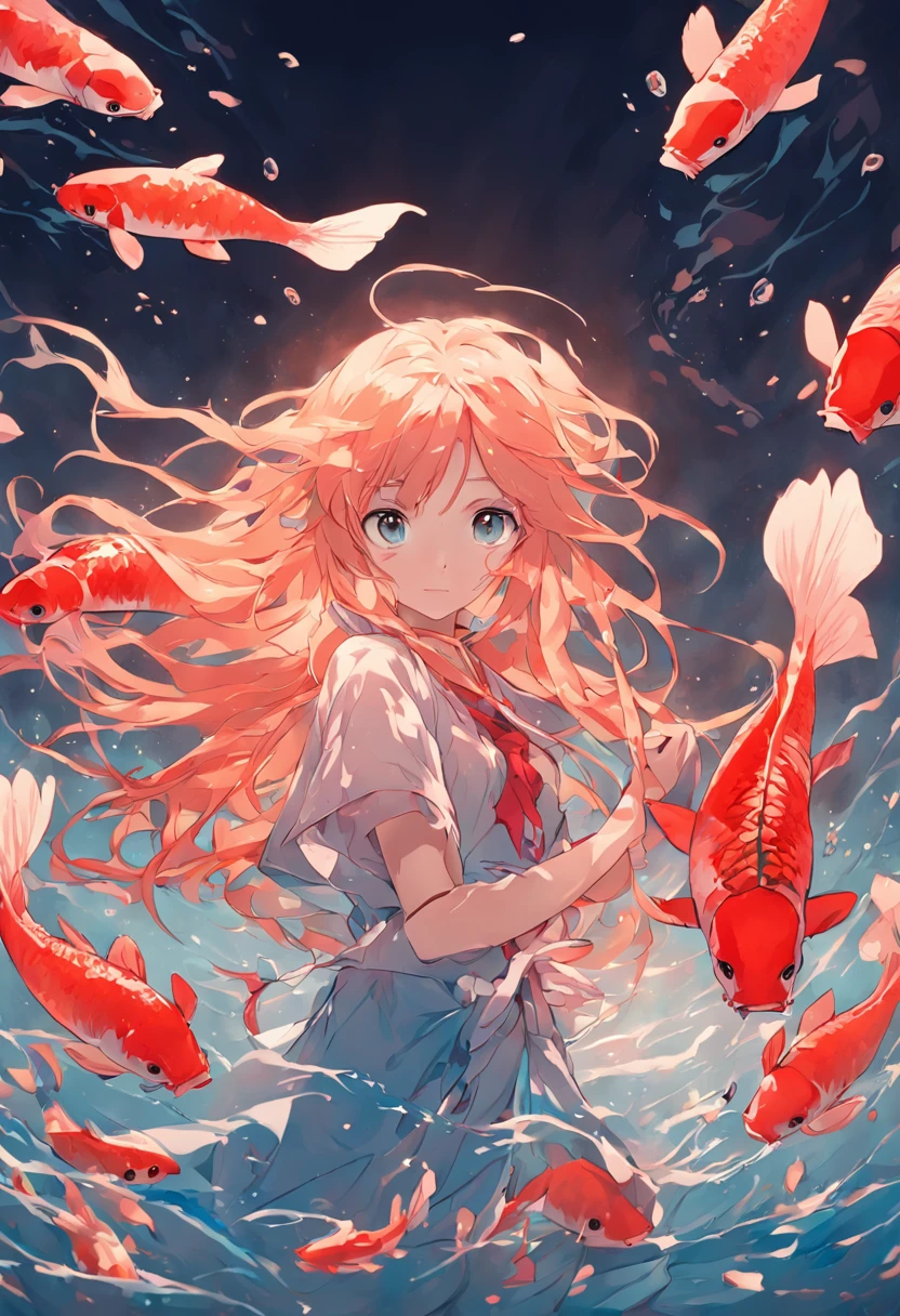 In the deep sea, a long-haired girl holds a koi fish in her arms,Ultra-clear,2D,Emphasize red and blue,golden section。