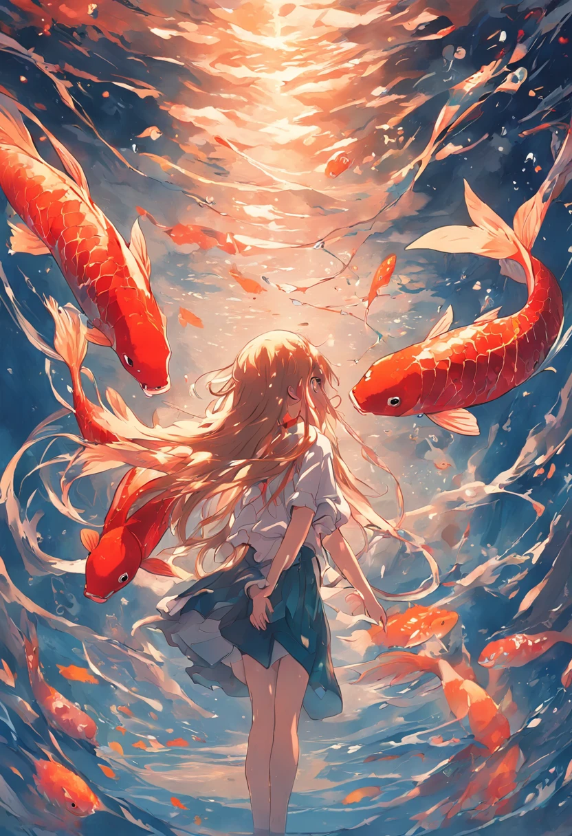 In the deep sea, a long-haired girl holds a koi fish in her arms,Ultra-clear,2D,Emphasize red and blue,golden section。