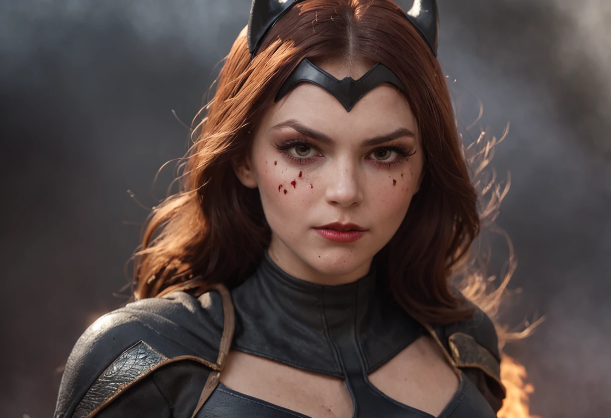 Batgirl, Close up, 1girl, Fighting crime in Gotham, Bloody from battle, Fire and smoke surround her.