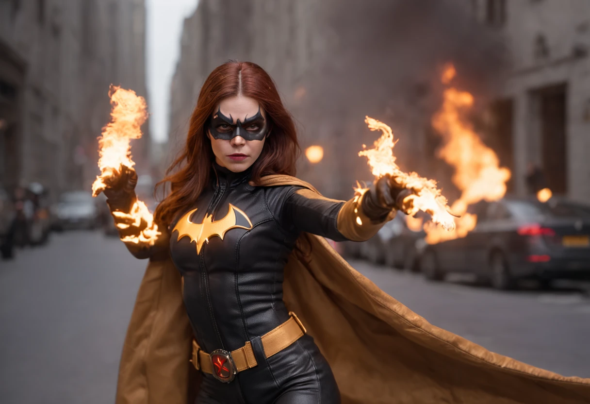 Batgirl, Close up, 1girl, Fighting crime in Gotham, Bloody from battle, Fire and smoke surround her.