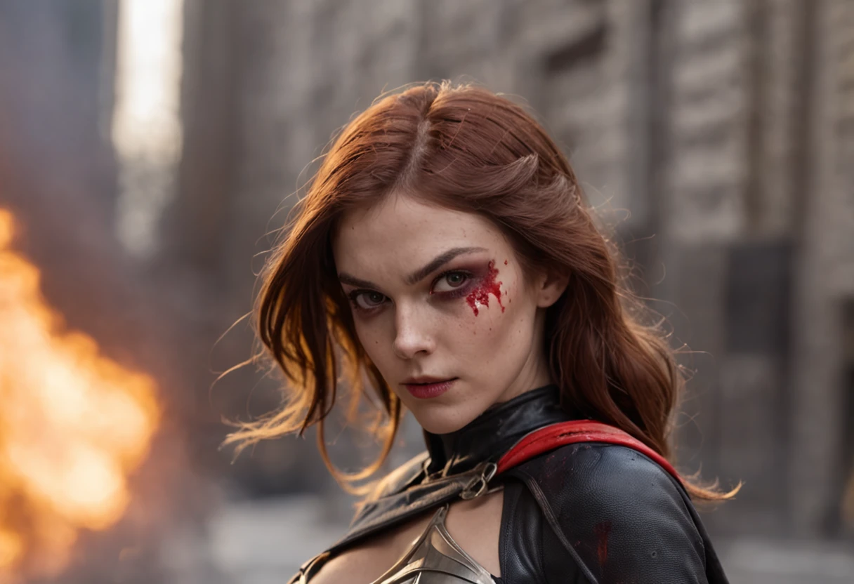 Batgirl, Close up, 1girl, Fighting crime in Gotham, Bloody from battle, Fire and smoke surround her.