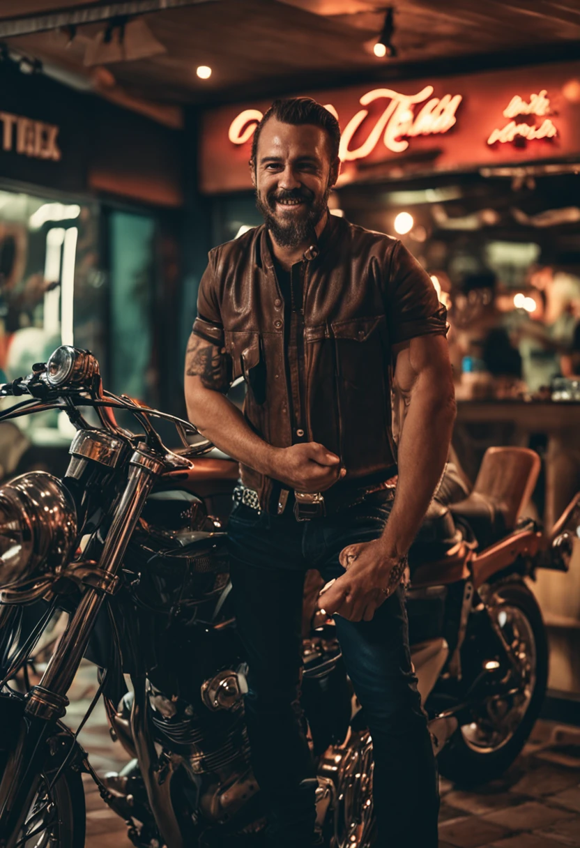 um homem ruivo careca porem de pele clara com uma barba ruiva muit forte que contorna o seu maxilar mas sem bigode so contornando o queixo. o visual dele e de motociclista, with a ripped jeans and black leather boot. The setting is inside a bar that has a single pool lit by pendant lamp on top of that pool and a small counter on the side of the bar and in the background a sign with the saying "New retro channel". He's ordering a pin up style beer from a waitress. Very realistic photo in high definition 4K HD