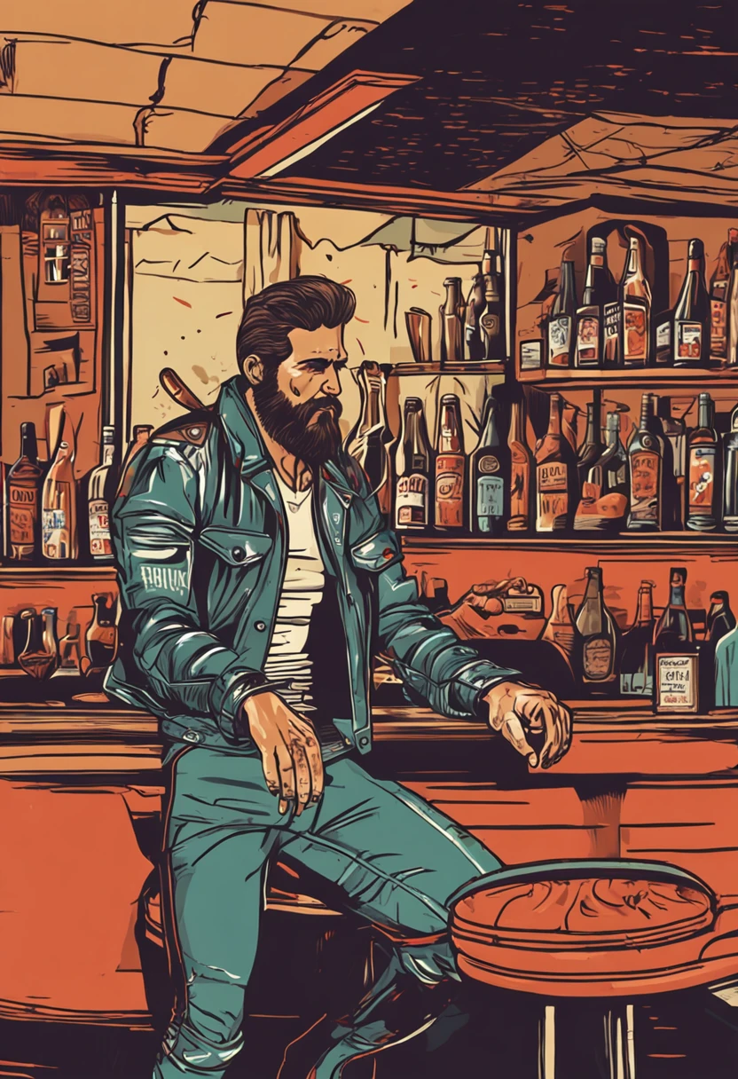 um homem ruivo careca porem de pele clara com uma barba ruiva muit forte que contorna o seu maxilar mas sem bigode so contornando o queixo. o visual dele e de motociclista, with a ripped jeans and black leather boot. The setting is inside a bar that has a single pool lit by pendant lamp on top of that pool and a small counter on the side of the bar and in the background a sign with the saying "New retro channel". He's ordering a pin up style beer from a waitress. Very realistic photo in high definition 4K HD