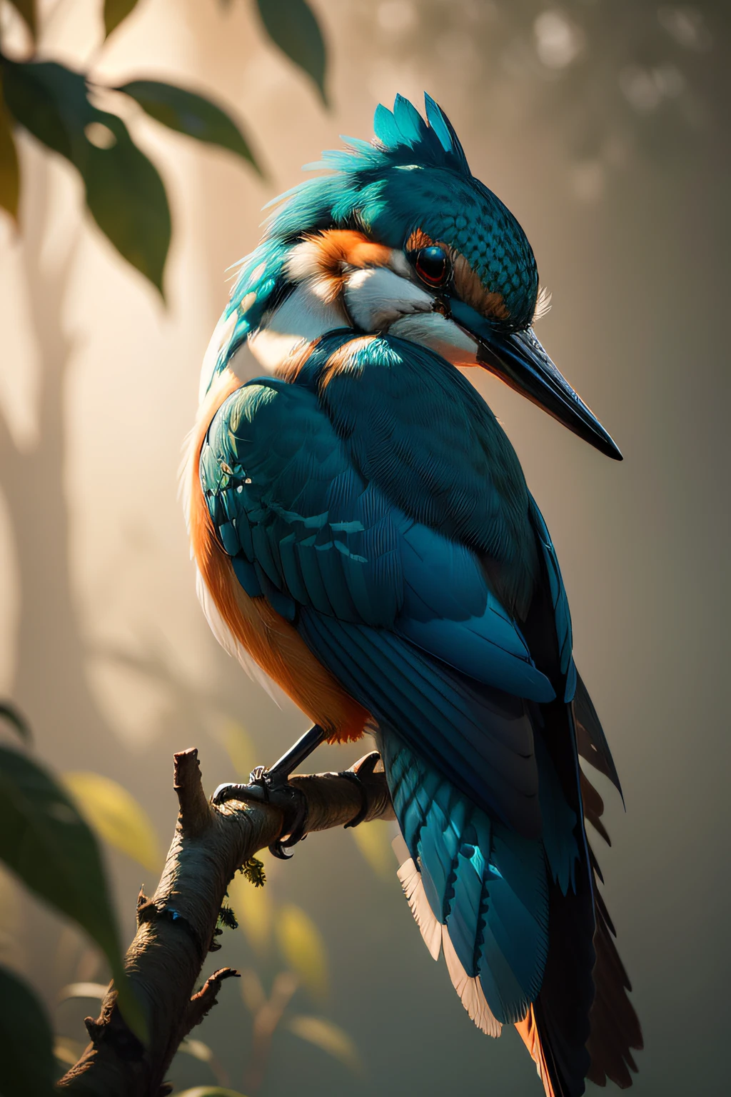 A kingfisher stands gracefully on a branch, Strong morning light diffuses through the mist,Slowly rising around, Highlight its intricate feathers in dramatic side lighting