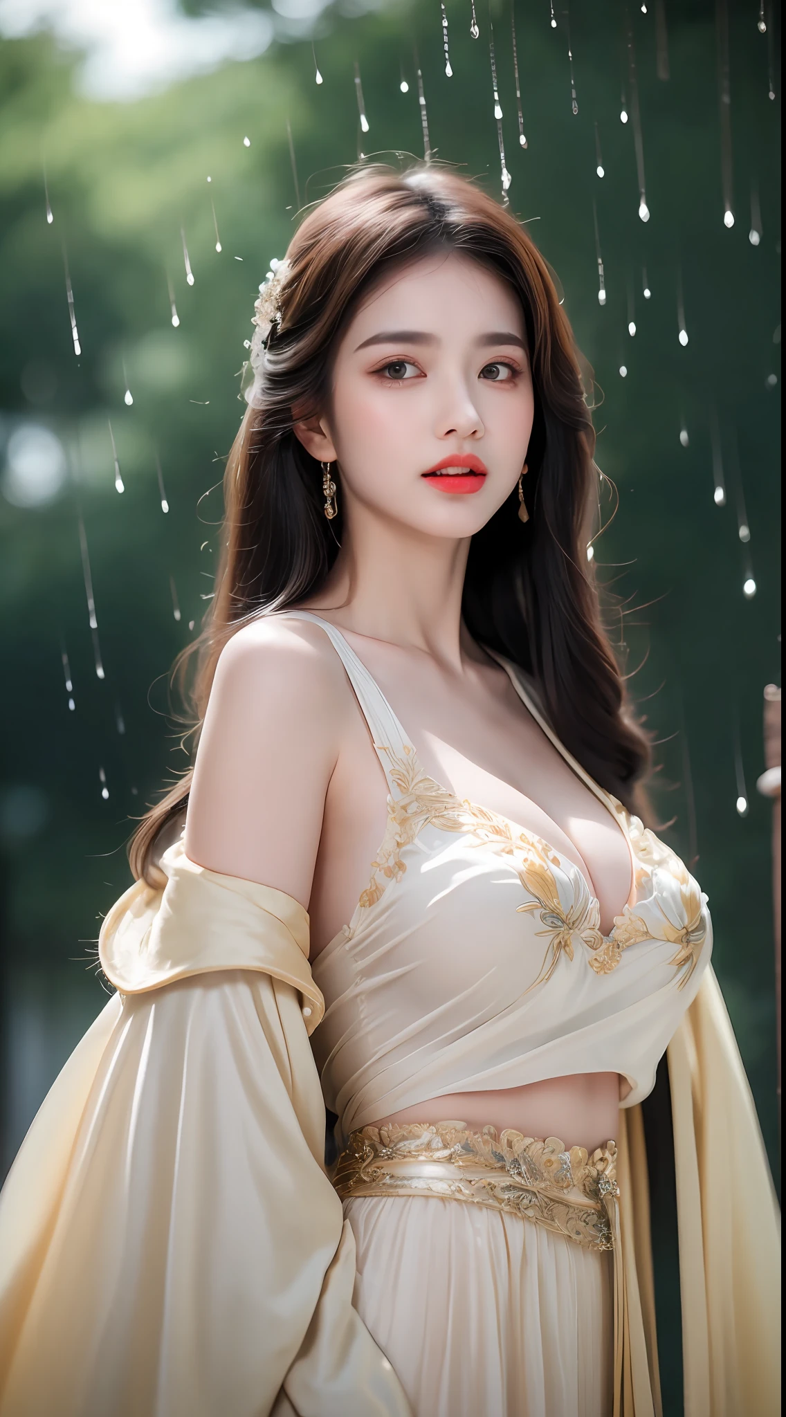 ((Best Quality, 8k, Masterpiece: 1.3)), Focus: 1.2, Perfect Body Beauty: 1.4, Buttocks: 1.2, ((Layered Haircut)), (Wet Clothes: 1.1), (Rain, Street:1.3), (Breasts: 1.2), (Hanfu: 1.2), Bare Shoulders, Bare Legs, Highly Detailed Face and Skin Texture, Fine Eyes, Double Eyelids, Whitened Skin, Long Hair, (Shut Up: 1.5), (Bokeh Background: 1.5), Big Breasts