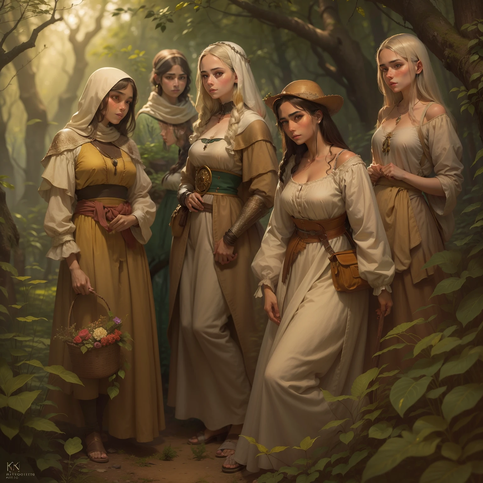 Arte de Apterus. Quatro mulheres de beleza natural, peasant women of the Middle Ages,tentando seduzir um jovem princepe,bonito,manly man who had been coming from a trail in the woods  (ohwx estétic |)