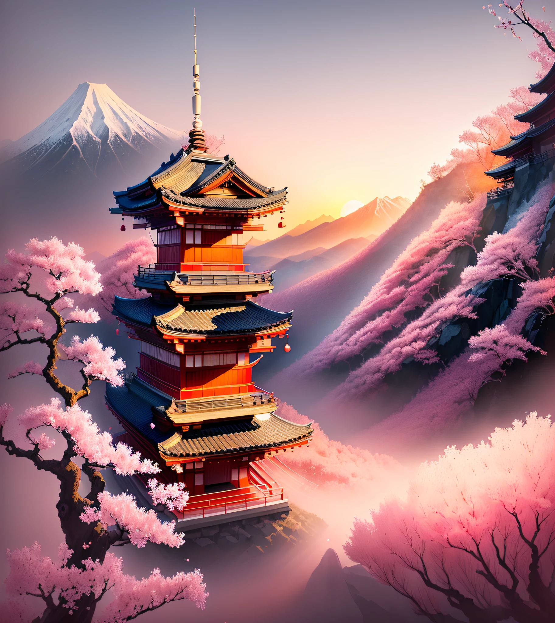 "Traditional Japanese art, serene and graceful, cherry blossoms, mountains, sunset, delicate brushstrokes, minimalist composition"