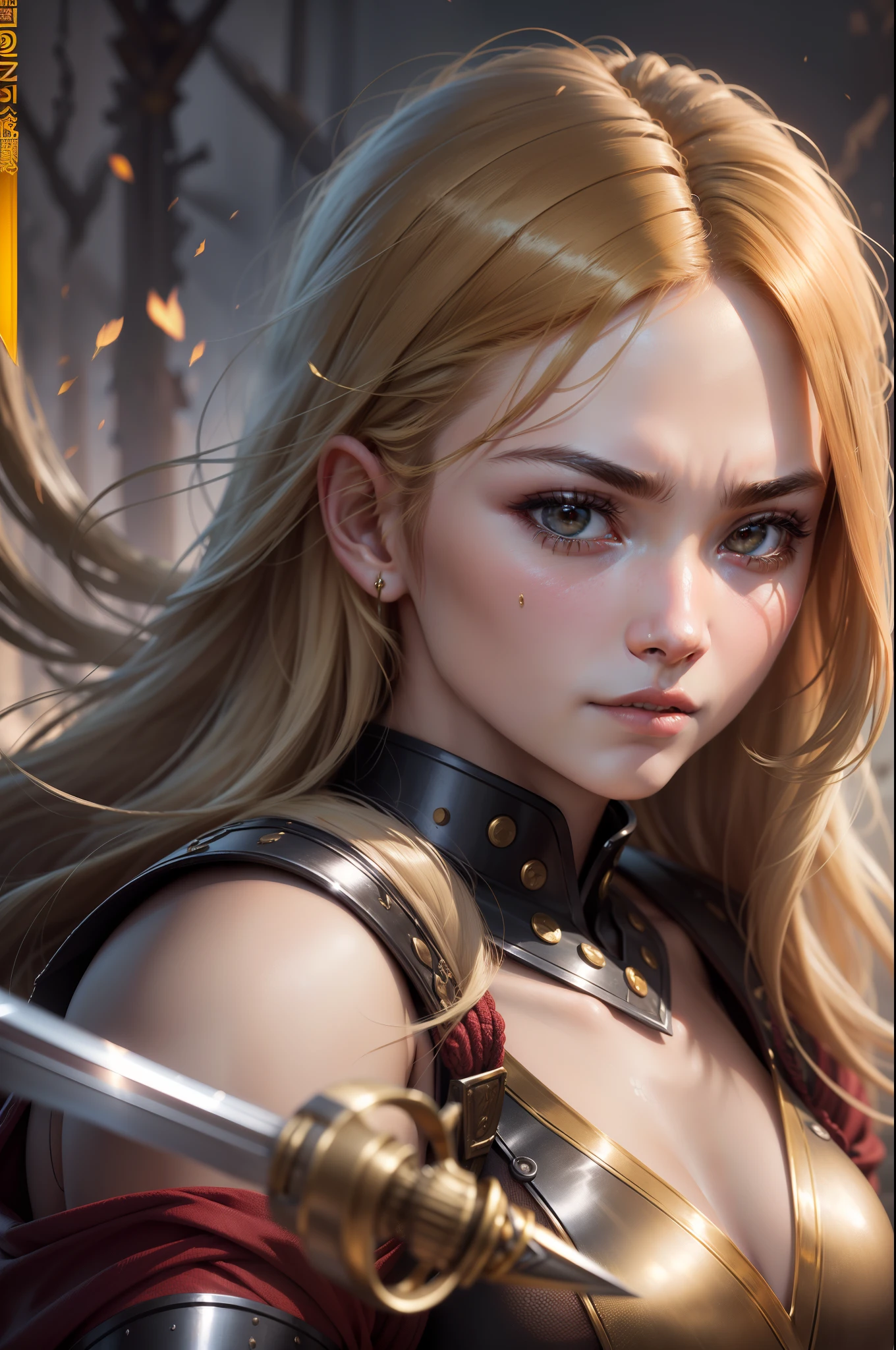 (8K,Photorealsitic Raw photography top-quality;1.4) (1girl in) Super beauty (Lifelike face) Muscular and macho female body (Long gold hair) Hold the sword correctly Black and red Japan samurai armor Beautiful expression glareing (real looking skin) (Warrior) enticing 超A high resolution A hyper-realistic high detal fully body photo Rocky wilderness Dull glowing sword