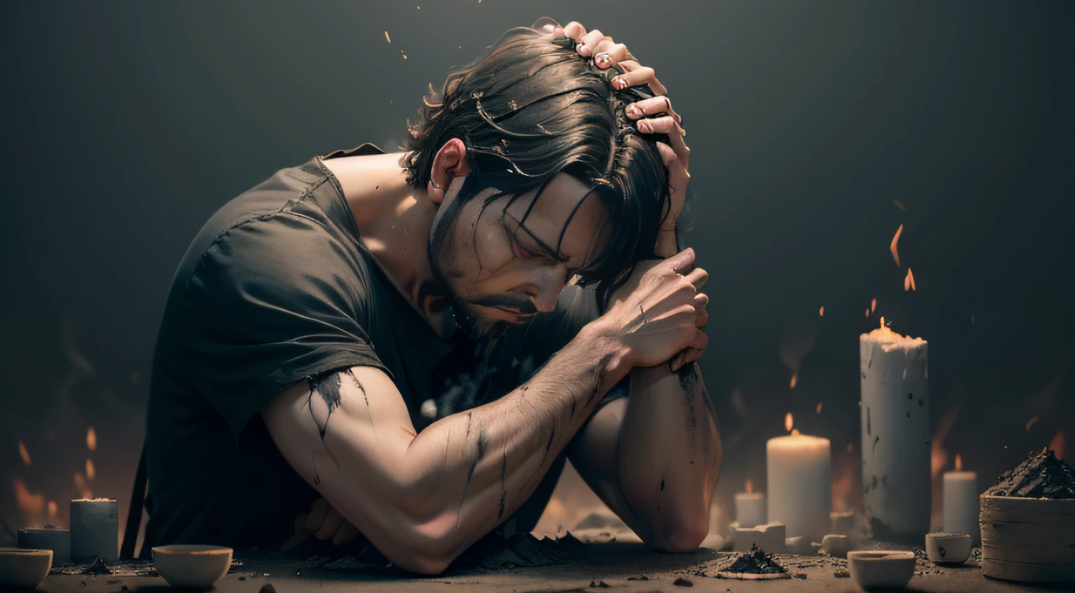 Create a scene of Job sitting on a pile of ashes, symbolizing their condition of suffering and loss. Describe with your head down and shoulders hunched, transmitindo a tristeza profunda que ele carrega. Add details like the ceramic pieces Job uses to scrape his wounds, demonstrating their physical suffering