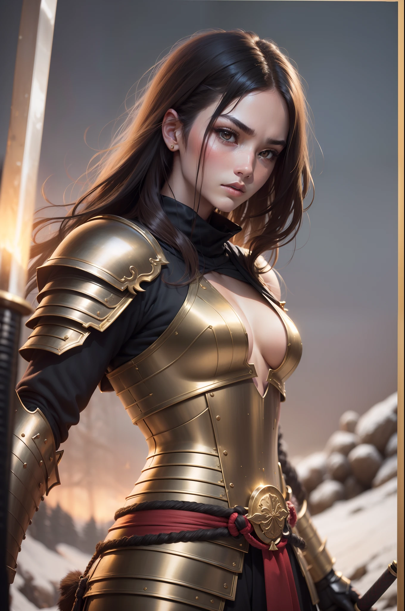 (8K,Photorealsitic　Raw photography　top-quality;1.4) 　(1girl in)　Super beauty　(Lifelike face)　Muscular and macho female body　(Long gold hair)　Hold the sword correctly　Black and red Japan samurai armor　Beautiful expression　glareing　(real looking skin)　(Warrior)　enticing　超A high resolution　A hyper-realistic　high detal　fully body photo　Rocky wilderness　Dull glowing sword