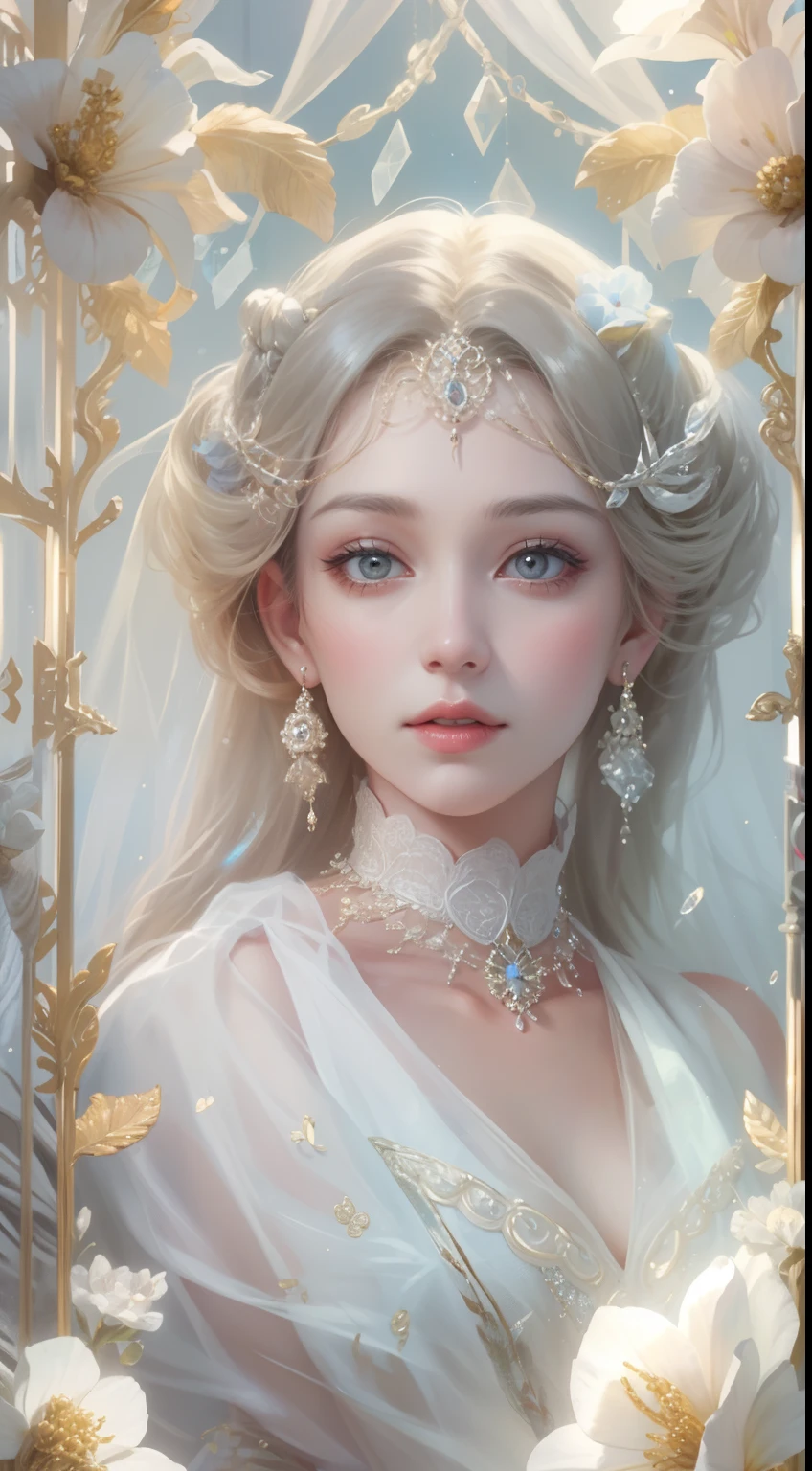 tmasterpiece，Best picture quality，A beautiful bust of a noble maiden，Delicate braids，Clear eyes，The hair is covered with beautiful and delicate floral craftsmanship，Crystal jewelry filigree，Ultra-detailed details，Soft lighting。