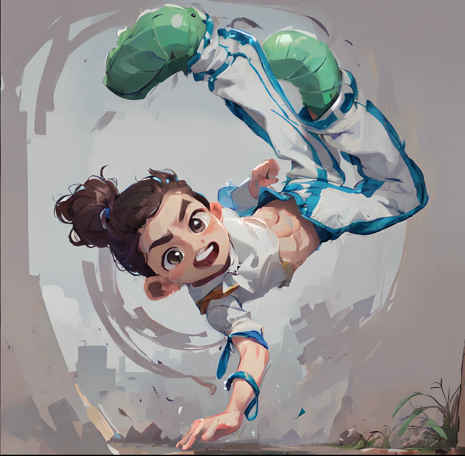 (wallpaper:1.2) Menino jovem, barefoot, arms raised, ABS, adolable, musculatura aparente, cabelo escuro bonito, ensolarado, cabelo castanho, Chibi proportions