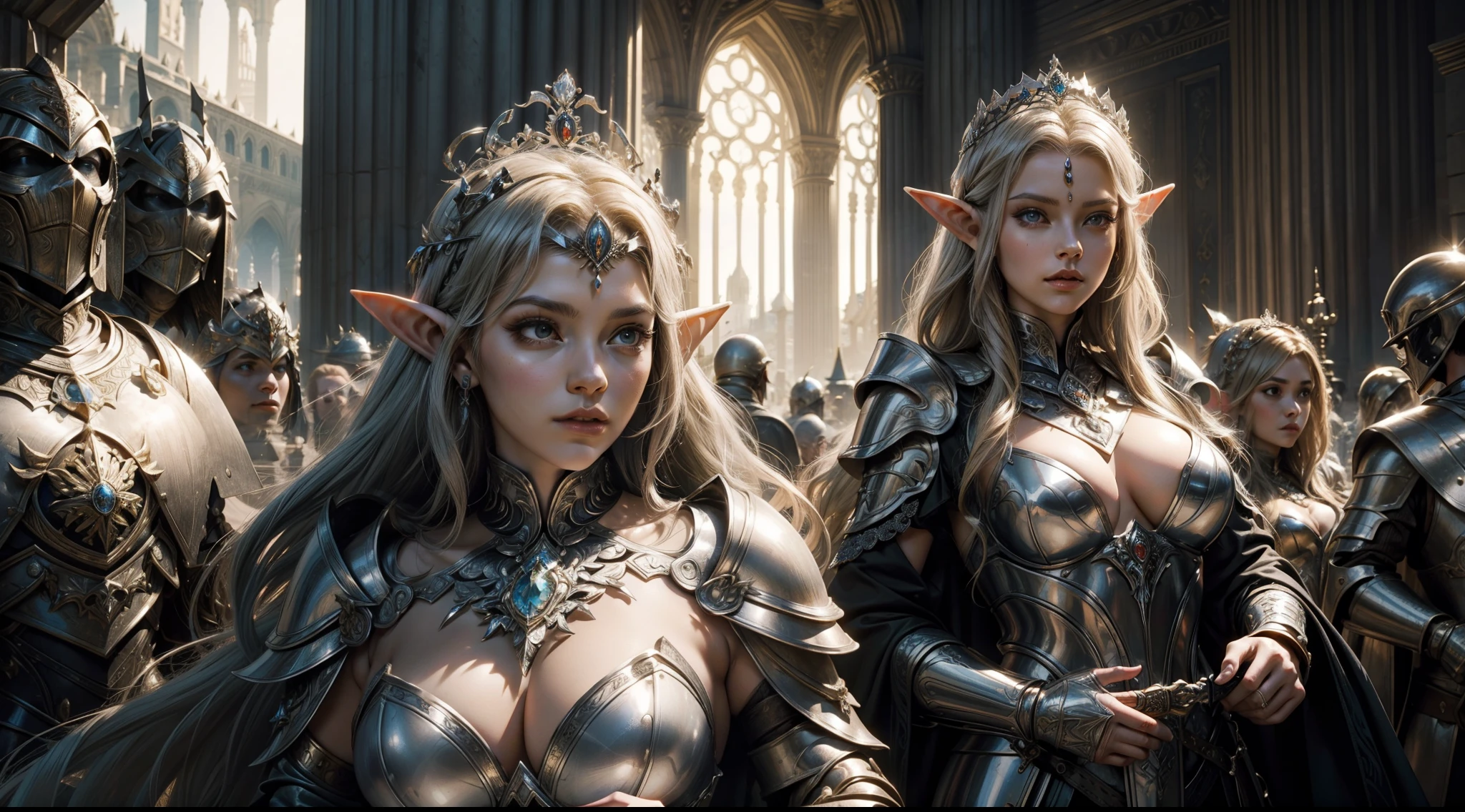 Female elf，Large breasts，Silver armor，tiara crown，dramatics，dynamicposes，The background is the palace，（Mid-range portrait：1.3），rays of sunshine，sceptre